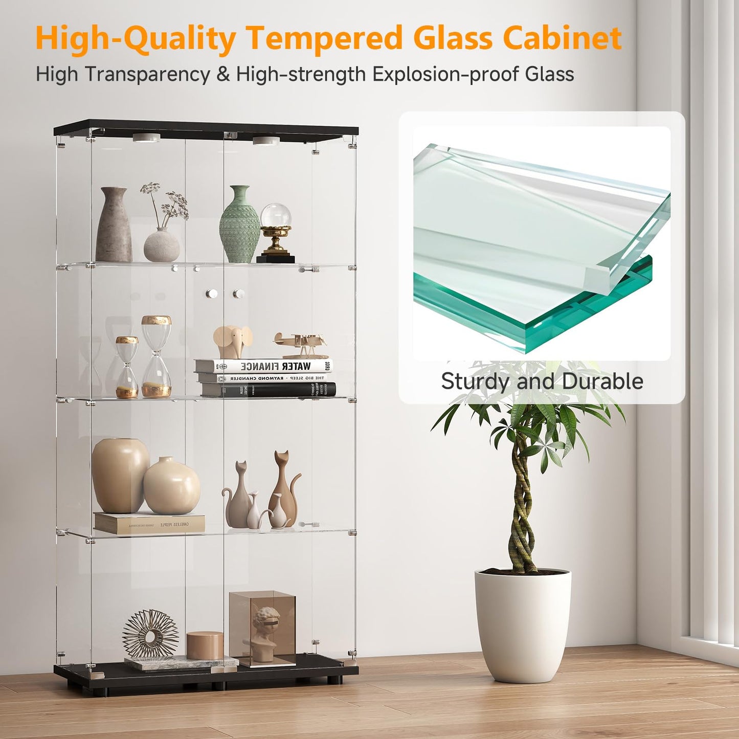 Zevemomo 4-Tier Tempered Glass Display Cabinet with Lights, Curio Cabinet with Glass Doors and Lock, Glass Display Case for Collectibles, for Living Room, Bedroom, Office, Black, Double Door