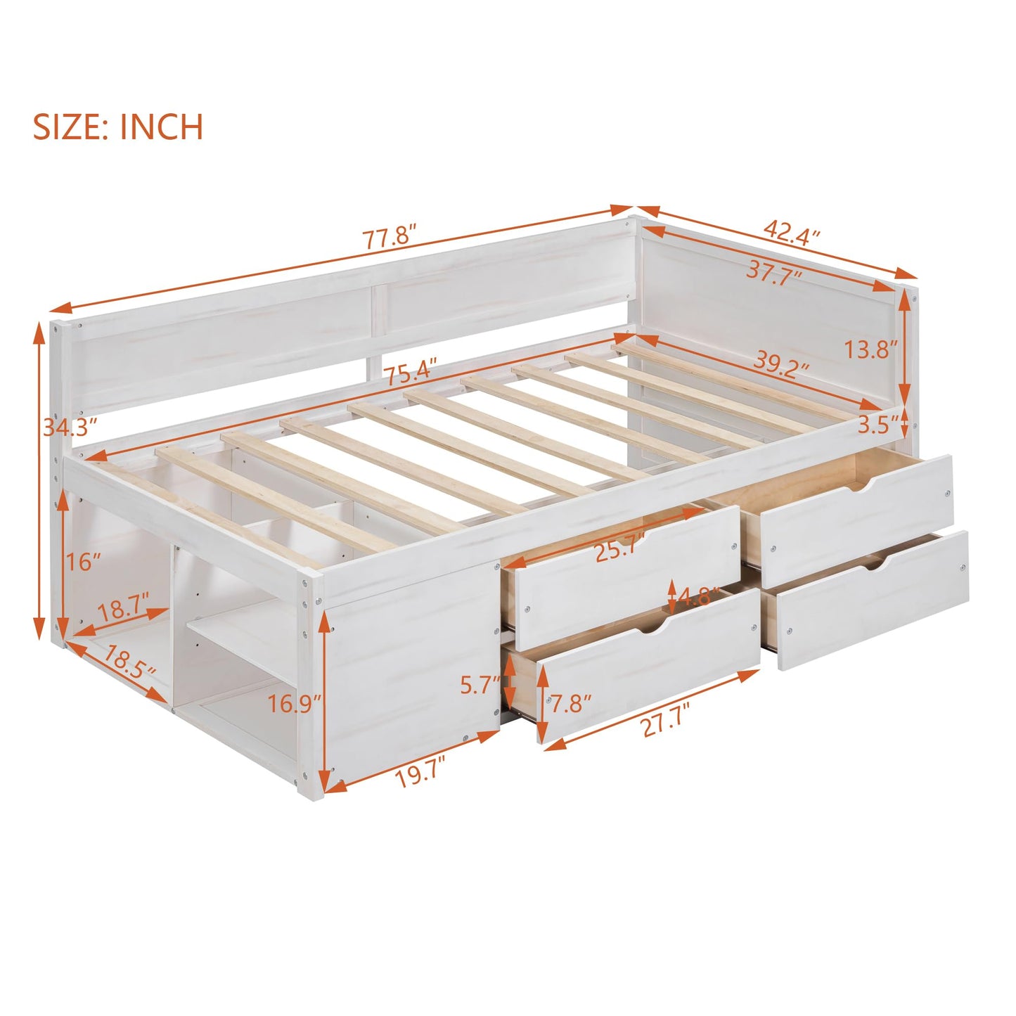 Merax Twin Daybed with Drawers and Shelves, Wooden Storage Daybed Frame with Pull Out Drawers, Twin Size Platform Bed for Guest Room, Small Space, No Box Spring Needed, White