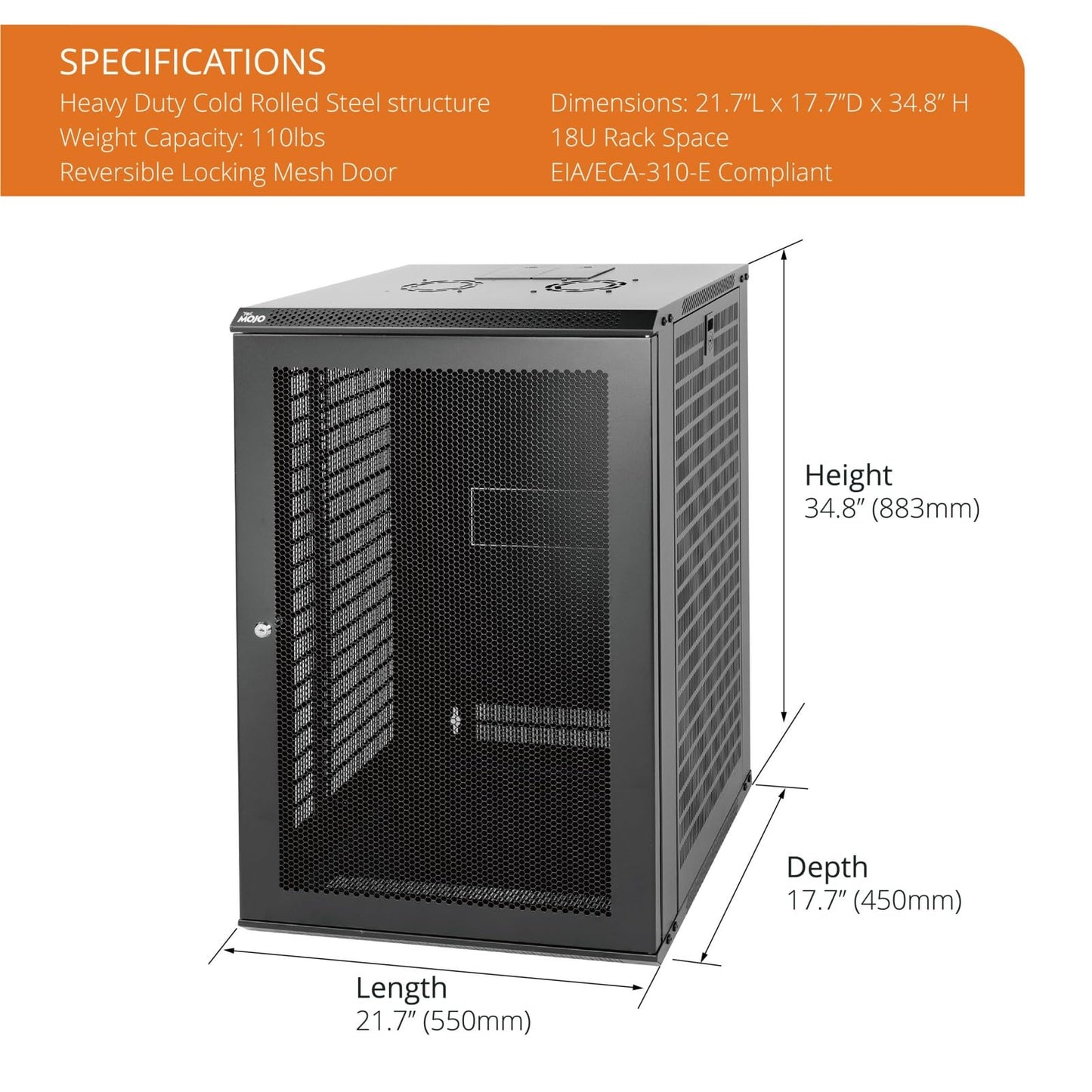 Tecmojo 18U Wall Mount Rack Network Cabinet for 19" IT Equipment,with Lockable Mesh Door and Side Panels,Cooling Fan,Black,17.7inch Depth for AV/Computer/Electronics Equipment Data Rack