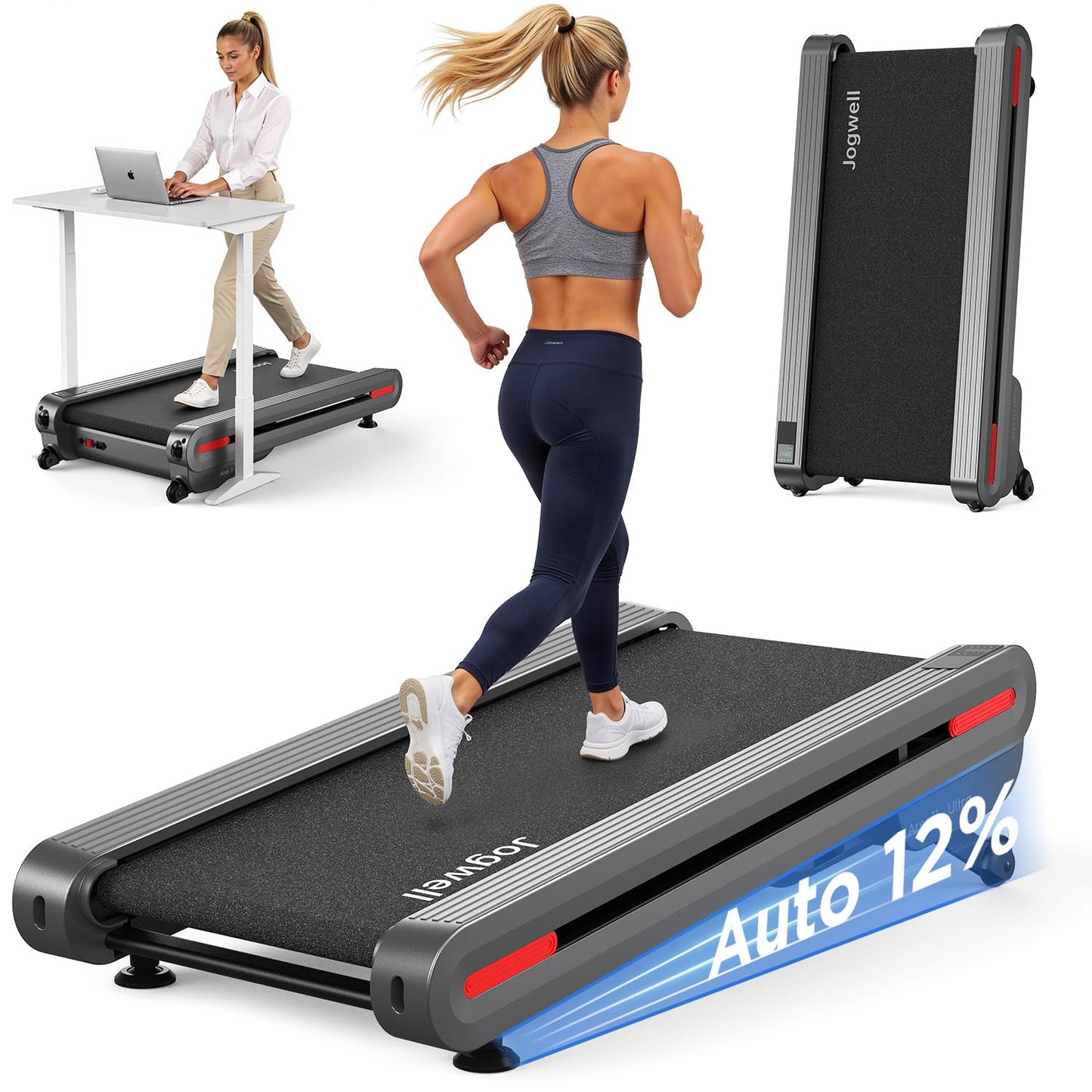 Jogwell Walking Pad Treadmill with 12%/20% Auto Incline, 3.5HP Brushless Ultra-Quiet, Under Desk Treadmill for Home Office, 400 LBS Capacity, 30% Wider Deck, Vertical Storage, Ares 11 Ultra-Enh Black