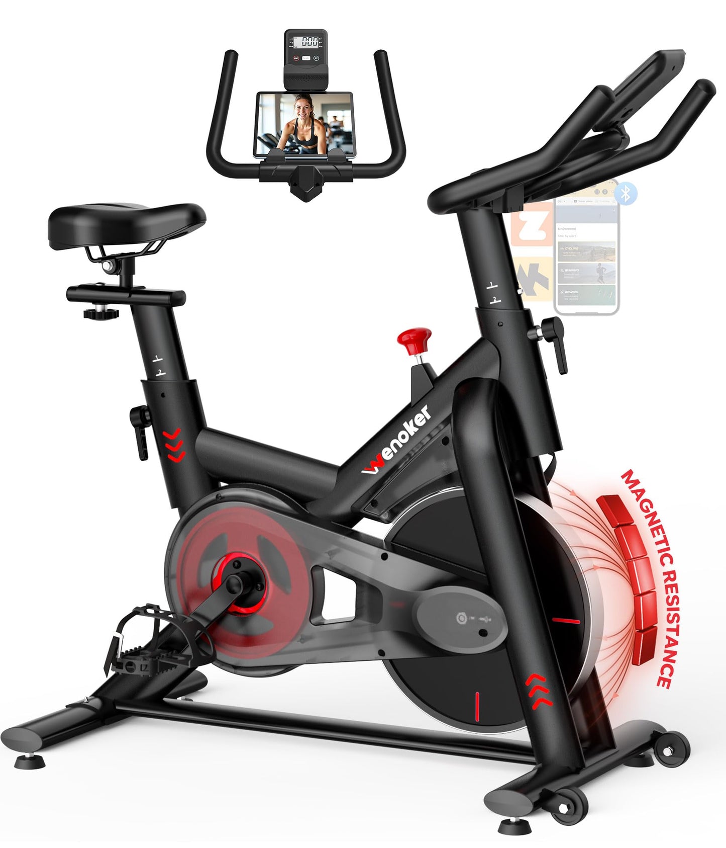 Magnetic Exercise Bike for Home – Adjustable Silent Spin Bike with 350lb Capacity, APP Connectivity, LCD Monitor & Device Holder – Indoor Cycling Bike for Cardio & Weight Loss
