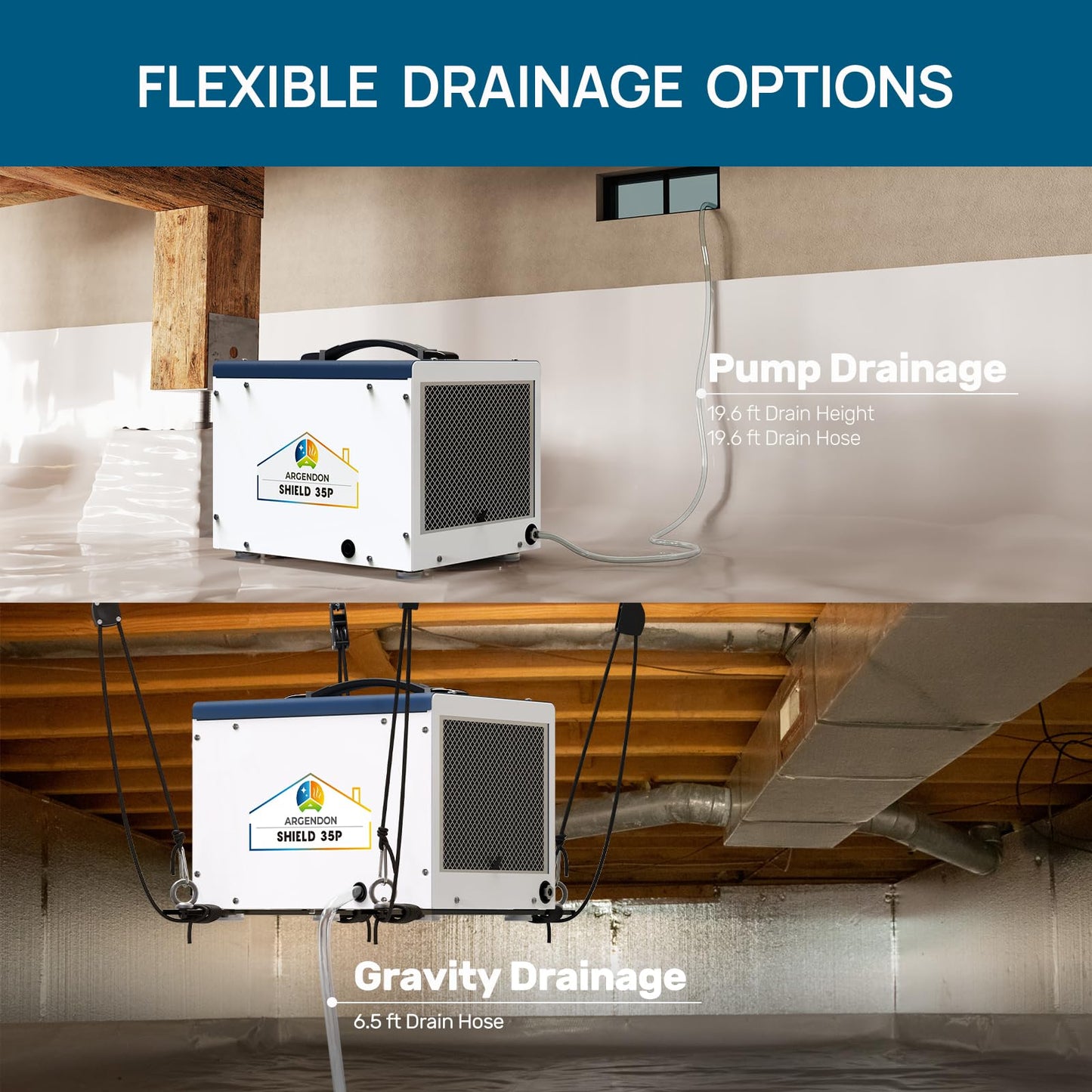 ARGENDON Crawlspace Dehumidifier with Pump, 70 Pint Commercial Dehumidifier for Basement with Drain Hose, Auto Defrost, Memory Starting, Compact, GLGR, Up to 1000 Sq Ft, 5 Years Limited Warranty
