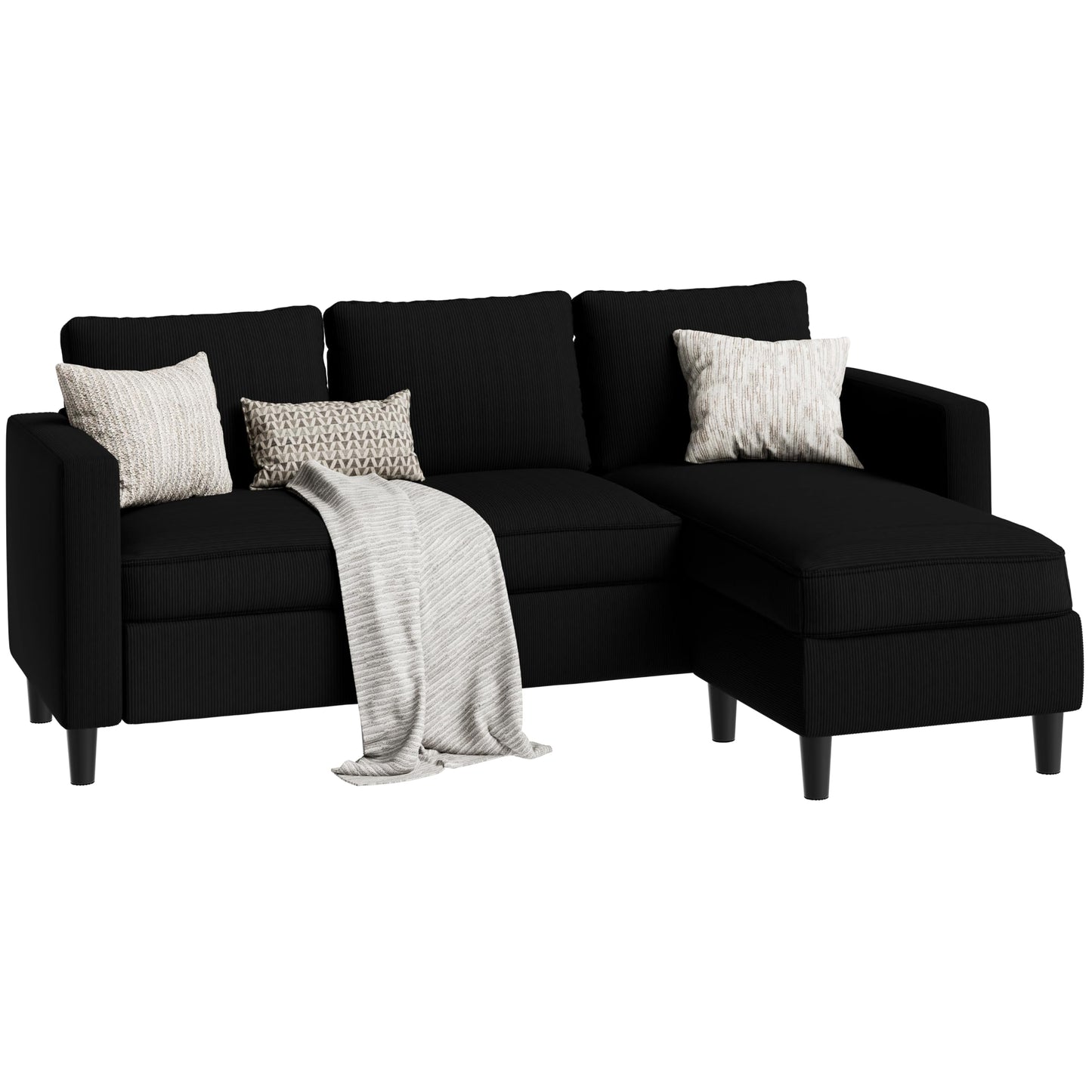 SUNLEI L-Shaped Sectional Sofa, Sectional Couches with Reversible Ottoma, 3-Seat Small Couch, Modern Ribbed Fabric Sofa for Living Room Apartment, Compact Comfy Upholstered Couch, Matte Black
