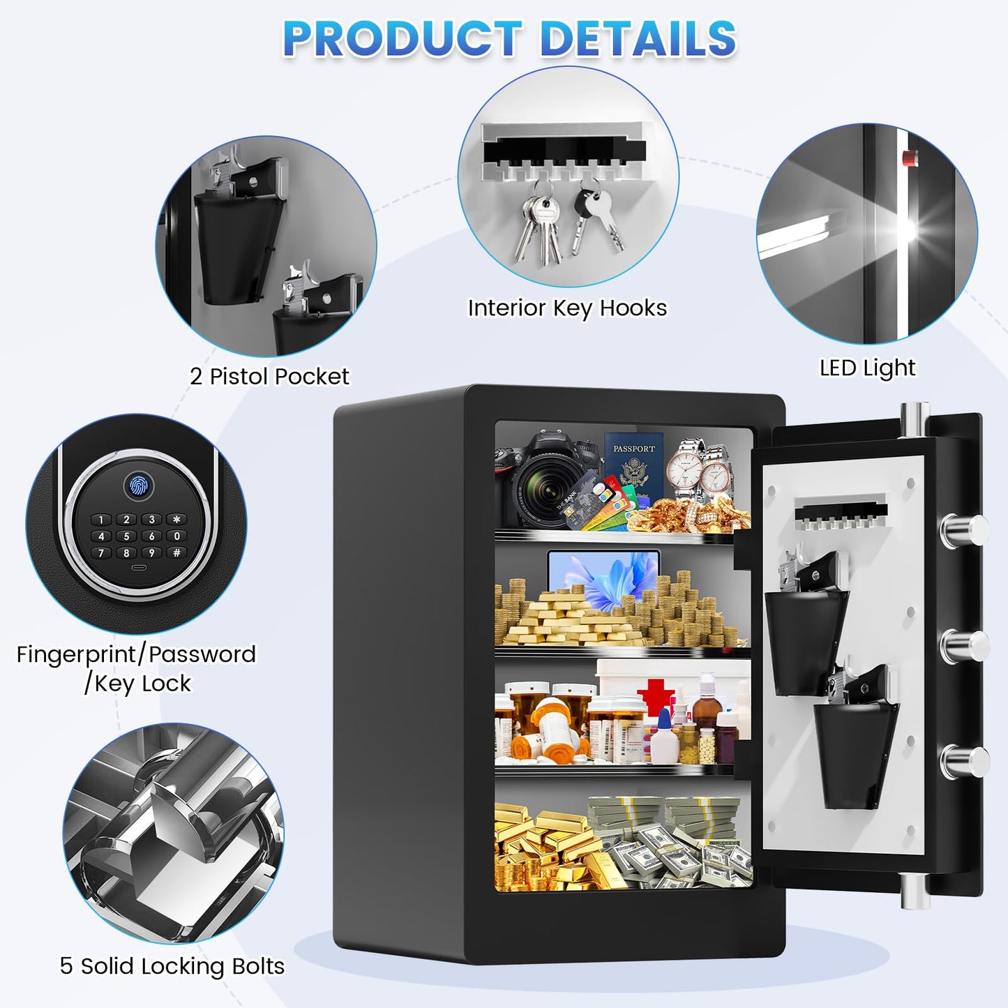 5.5 Cuft Biometric Fireproof Safe For Home, Heavy Duty Safe Box With Dual-alarm system and 3 Movable Shelves, Large Document Safes for Money Jewelry