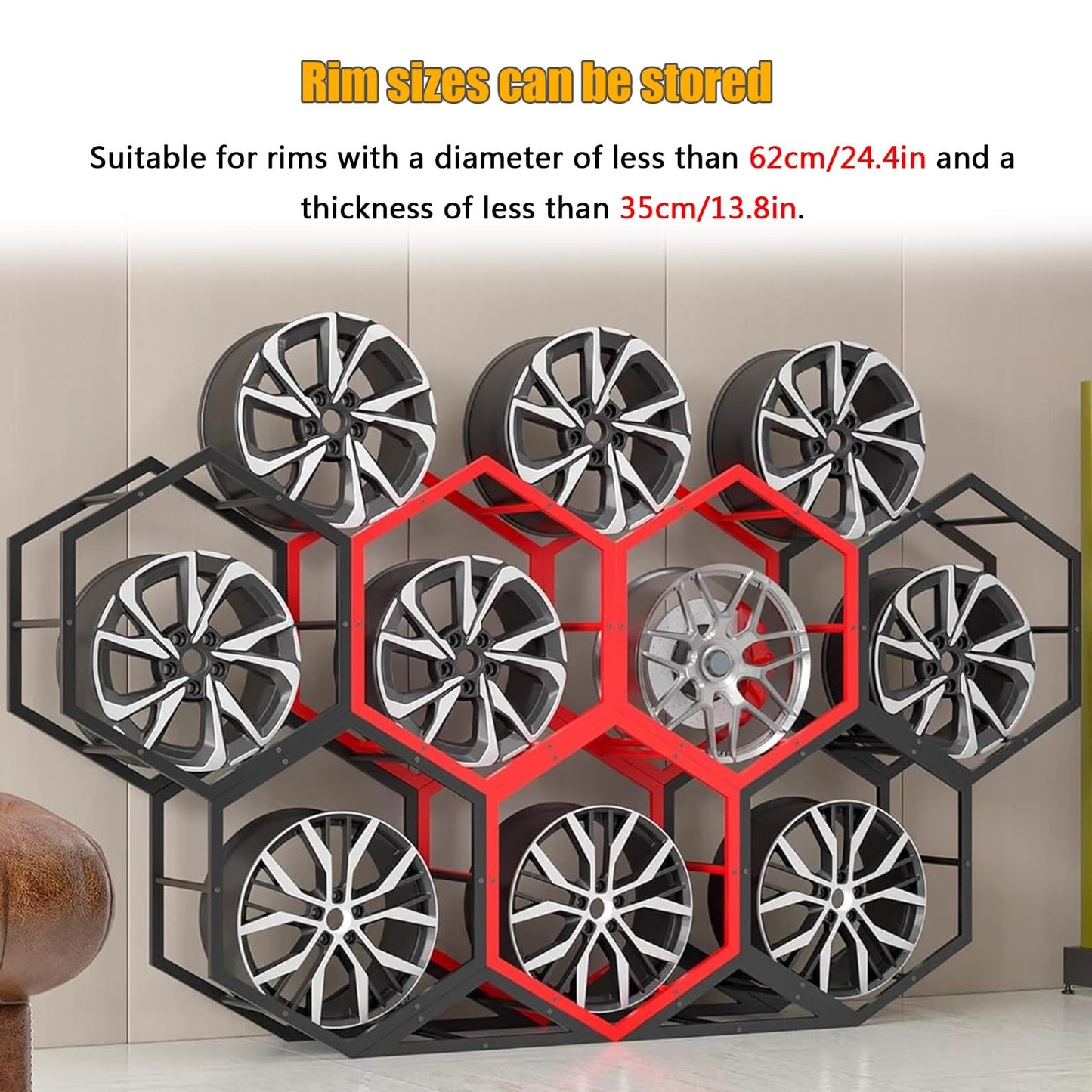 Aimery Rims Tire Rack for Garage, Hexagon Display Rack, Steel Spare Tyre Organizer, Wheel Organizer Holder(D)