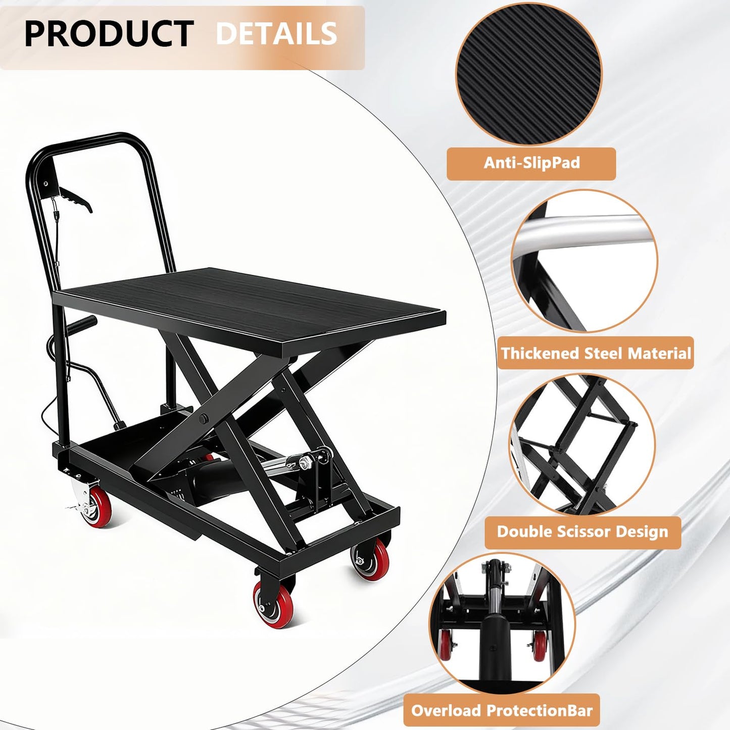 330LBS Hydraulic Lift Table Cart, 28.5" Lifting Height Hydraulic Material Lift Pallet Truck with 4 Locking Wheels for Material Handling and Transportation