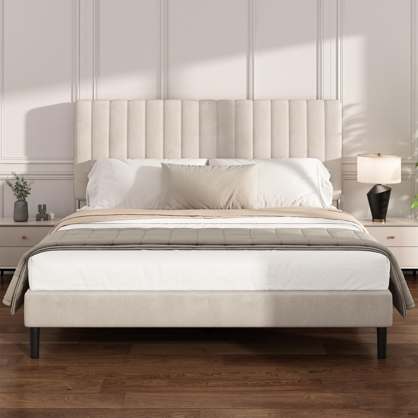 Mxhtcewz Queen Size Platform Bed Frame with Vertical Channel Tufted Headboard, No Box Spring Needed, Noise-Free, Easy Assembly, Beige Velvet