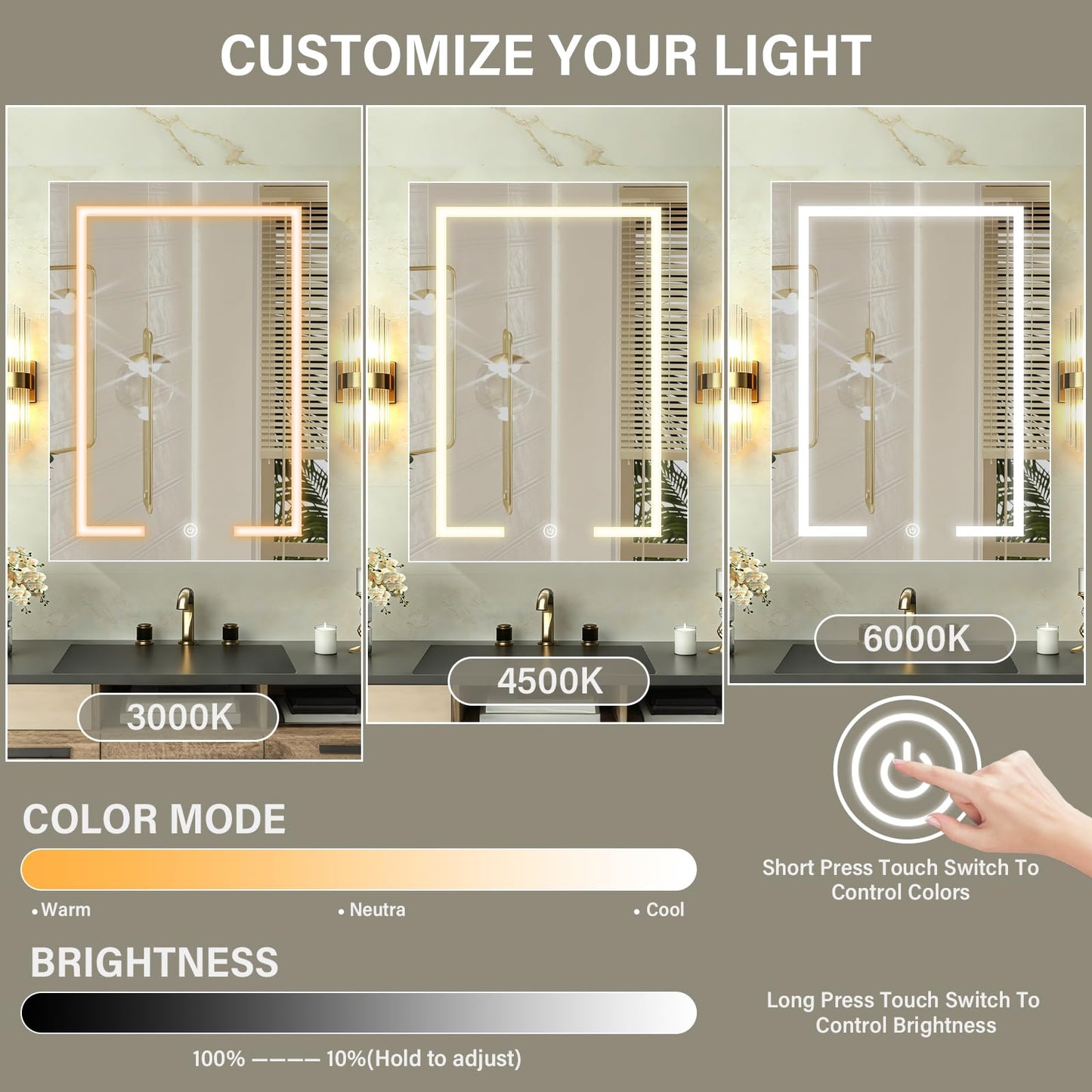 KAASUNES LED Medicine Cabinet with Light,Mirror Cabinet with Cosmetics Storage Rack,3X Magnifier Makeup Mirror,Lighting Glass Shelf,3 Colors&Dimmer,22×30inch,White