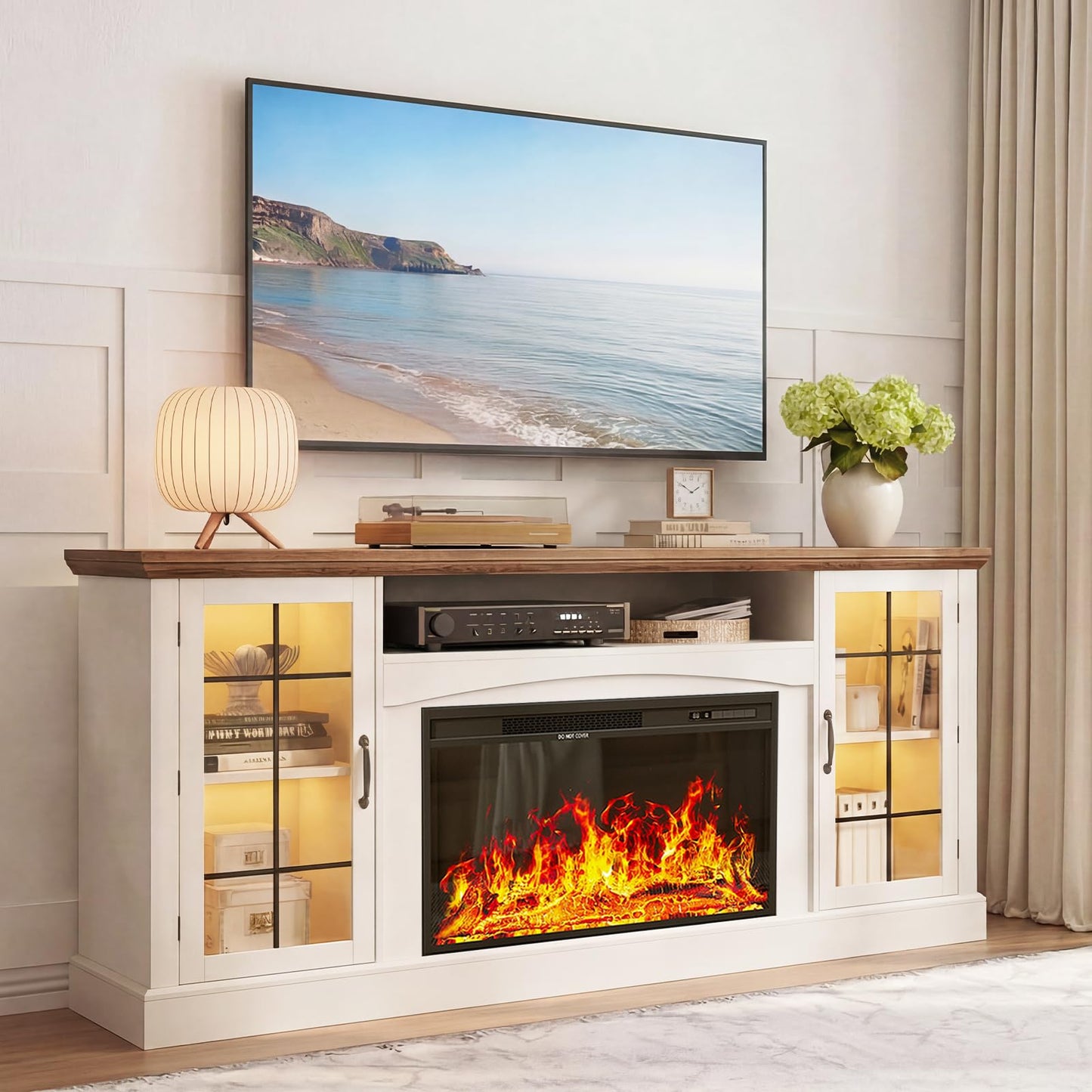MXV 70" Farmhouse Fireplace TV Stand with 30" Electric Fireplace, Entertainment Center, Media Console Table with Large Storage Cabinets, for Living Room, White