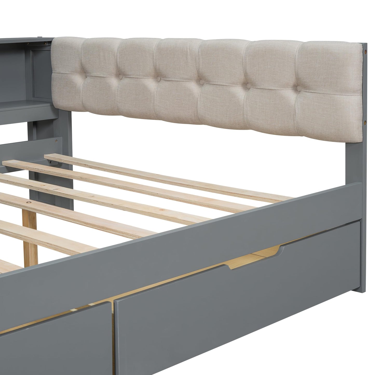 Ball & Cast Full Size Wood Daybed with Storage Shelves and Built-in Desk,Platform Bed w/Under-Bed Drawers & Charging Station,Upholstered Headboard,No Box Spring Needed,for Student Dorms,Gray