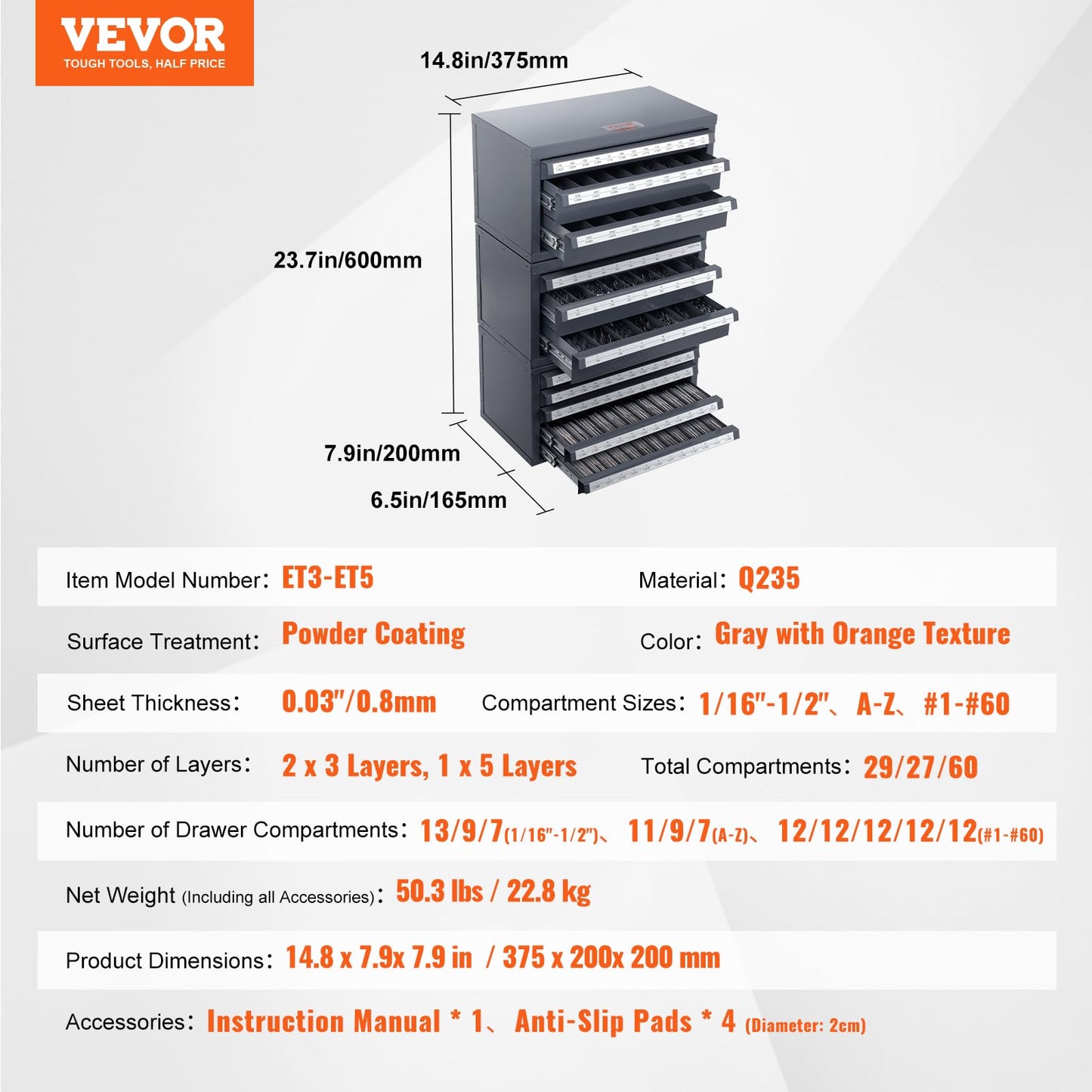 VEVOR Drill Bit Dispenser Cabinet Set, Three-Drawer for 1/16" to 1/2" & Letter Sizes A to Z, Five-Drawer Drill Bit Organizer for Wire Gauge Sizes #1 to #60, 3 Pieces