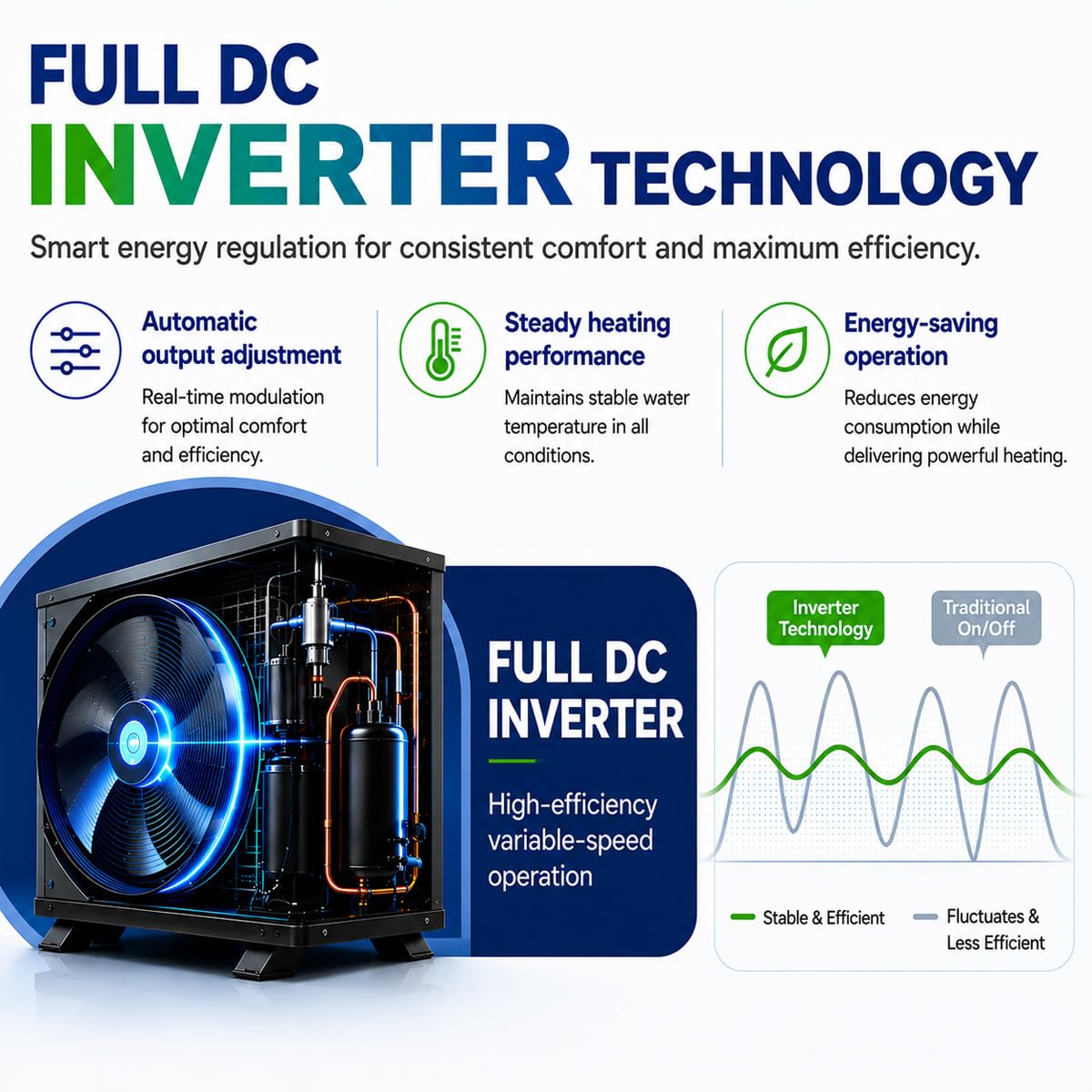Full Inverter Heat Pump for Hot Tub and Bath, 75000 BTU Electric Swimming Pool Heater, 21,000 Gallons for Above and In ground Pools, WiFi Capable Timer, Heating and Cooling, Defrosting, 220-240V, 60Hz