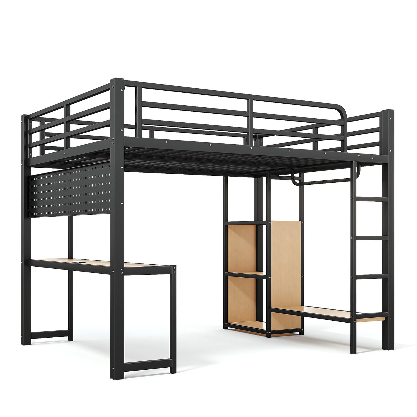Bellemave Queen Size Loft Bed with Desk,with USB Ports, Lights, and Hanging Rod, Cave Board Design, Metal Queen Loft Bed Frame for Adults, Kids, Teens, Black
