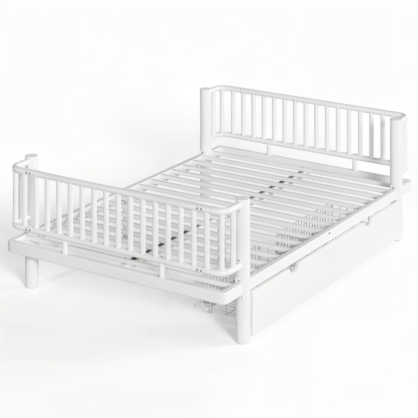 Bellemave Metal Kids Full Size Bed Frame with Storage Drawers and Detachable Fence,Full Size Montessori Bed with Slats and Fence,Metal Platform Bed,Low Profile Design,White