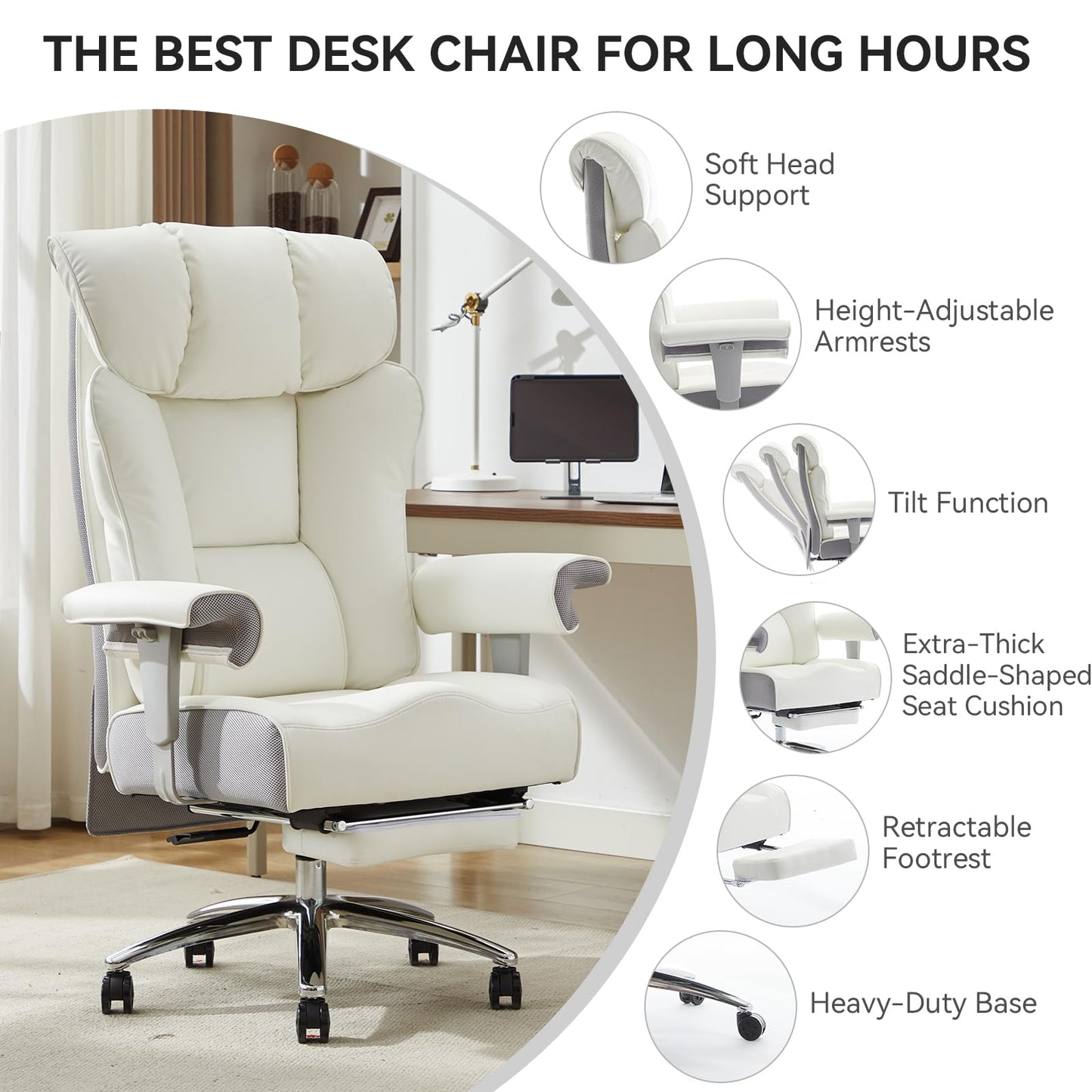 Efomao Big and Tall Executive Office Chair 400lbs - White Desk Chair for Women with Footrest, 24" Wide Ergonomic Pocket Spring Cushion Seat, Heavy Duty Computer Chair for Home Office, Gaming