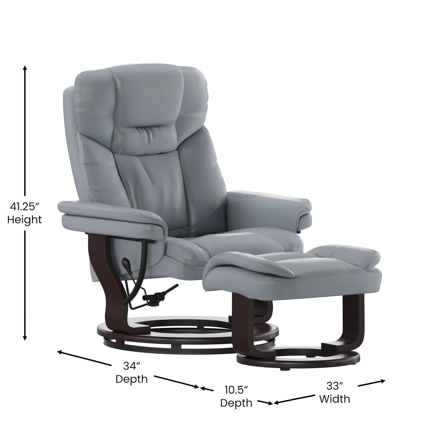 Flash Furniture Allie Contemporary Multi-Position Recliner and Curved Ottoman with Swivel Mahogany Wood Base in Gray LeatherSoft