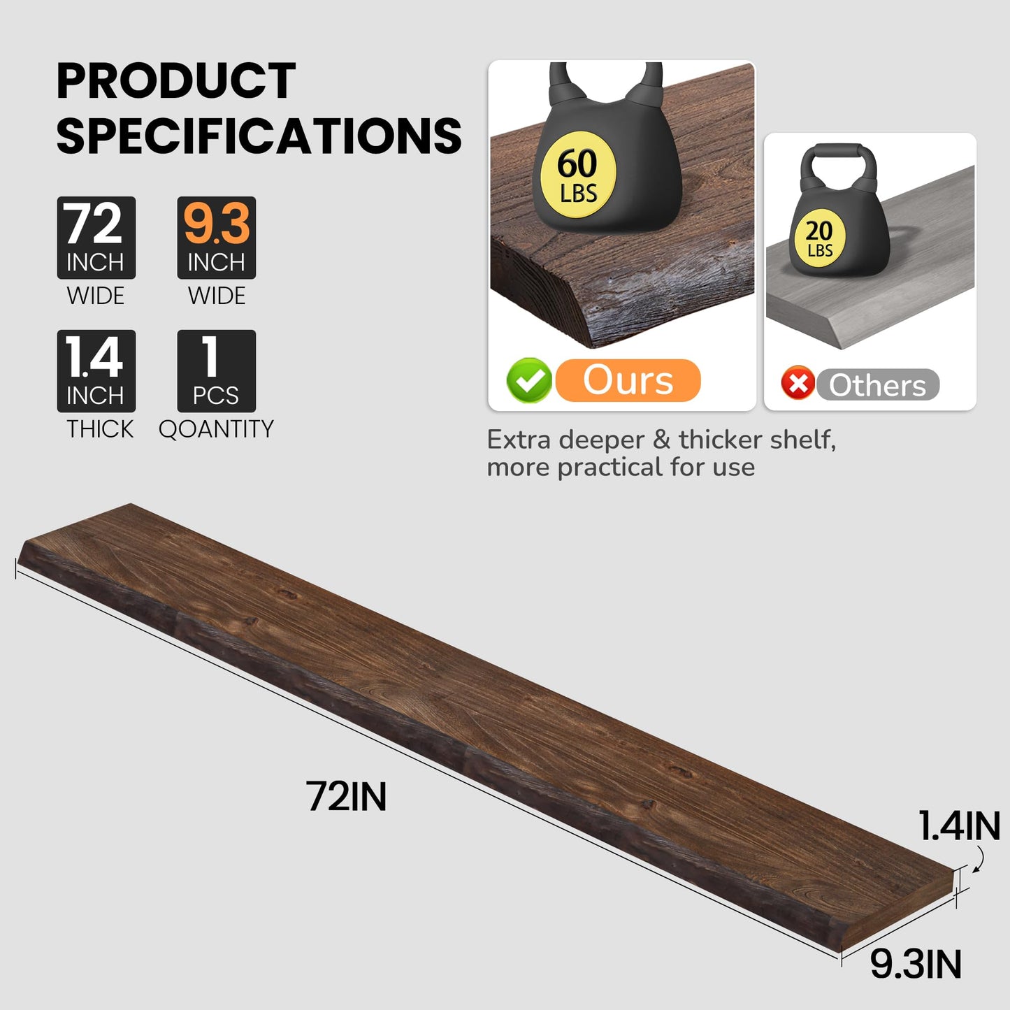 Floating Shelves for Wall, 72"x9.3" Rustic Solid Live-Edge Elm Wood Wall Shelves, Heavy-Duty Floating Shelves with Invisible Brackets, Set of 2 for Living Room, Bedroom, and Kitchen, Walnut Finish