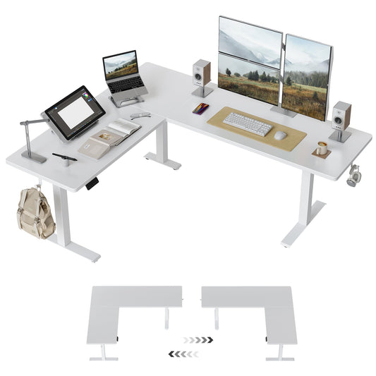 BANTI L-Shaped Standing Desk - 75 x 63 Inch Adjustable Corner Standing Desk with Charging Station - L Shape Sit Stand Table with Memory Controller, Splice Board for Home Office, White