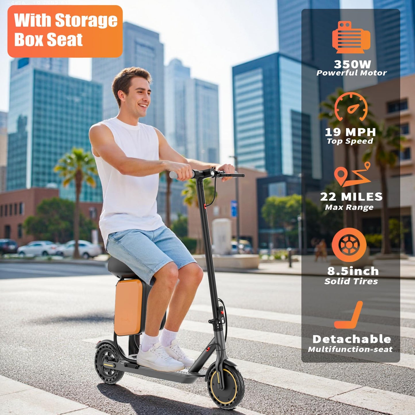 Qlaway 8.5" E Scooter for Adults with Luggage Seat 19 MPH Sport Escooter 350W Motor, Electric Scooter Up to 22 Miles Range, Bearing 265 LBS/APP Control/UL 2272