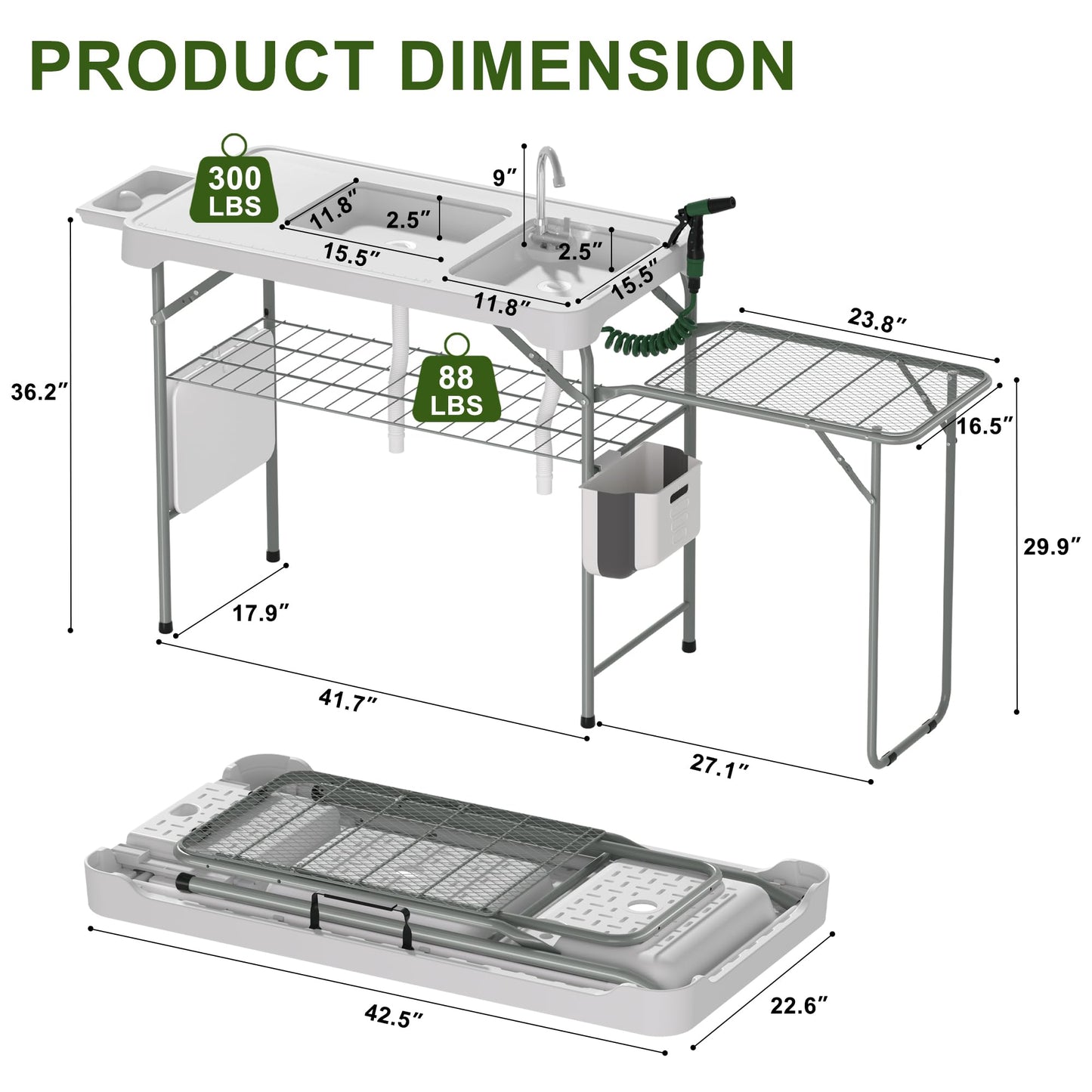 Dragosum Fish Cleaning Table, Portable Folding Camping Table with Folding Grill Extension Board, Fish Cleaning Station with Dual Sinks, Hose Hook Up