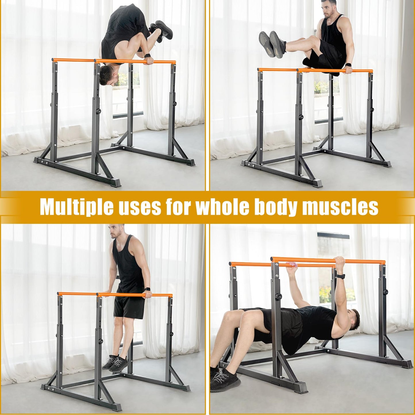 Bongkim Dip Bar, Heavy Duty Dip Station with 7 Height Levels, 800lbs Adjustable Parallel Bars for Tricep Dips Pull-Ups L-Sits Calisthenics Exercises Strength Training for Home Gym Outdoor (Orange)