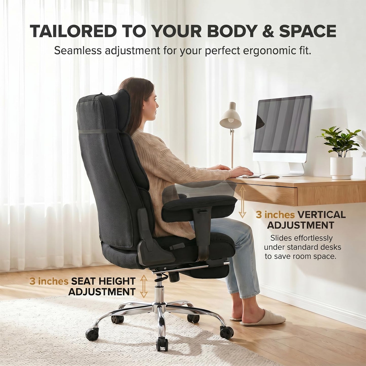 mokodo Big and Tall Office Chair 400lbs, Breathable Fabric Executive Desk Chair with Pocket Spring Cushion, 155° Reclining Computer Chair with Integrated Headrest & Lumbar Pillow (Black)