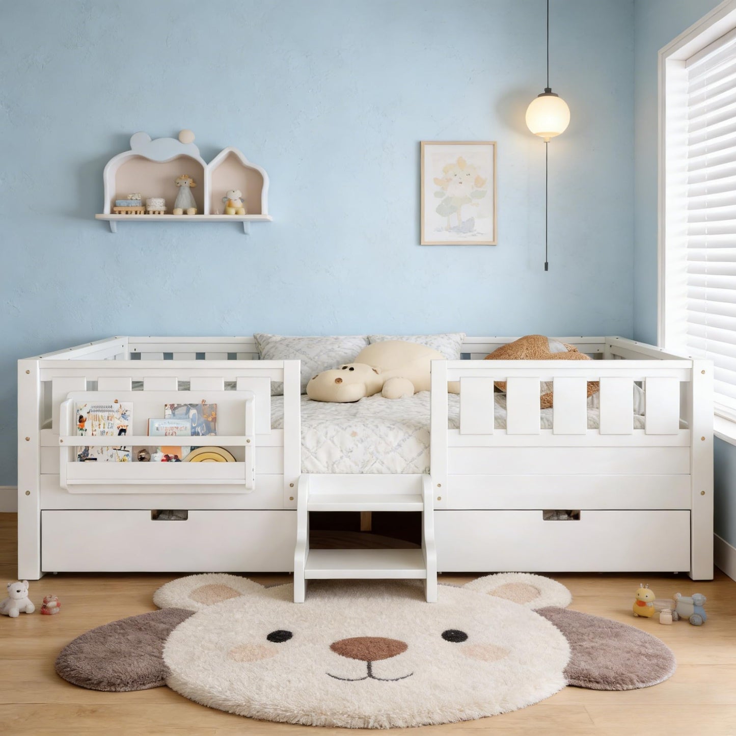 Queen Platform Bed with Storage Drawers and Bookshelves, Kids Platform Bed Frame with Low-profile Stairs and Full-length Guardrails, Queen Bed Frame for Boys, Girls, No Box Spring Needed, White