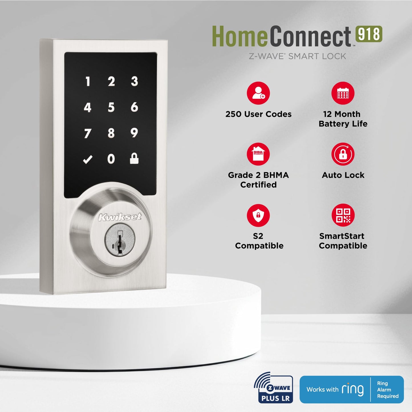 Kwikset HomeConnect 918 Contemporary Z-Wave Long Range Enabled Touchscreen Lock Works with Ring Alarm, Samsung SmartThings Hub Required, Sold Separately in Matte Black