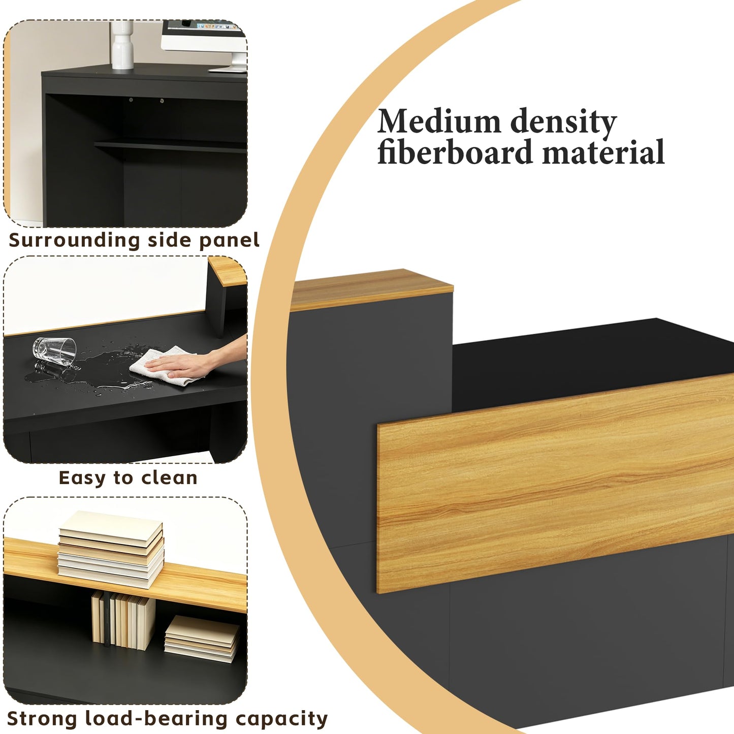 NBEETISM Black L-Shaped Reception Desk – 87 Inch Commercial Front Counter with Storage Rack & Cable Grommet, Heavy Duty Receptionist Desk for Office, Salon, Hotel Lobby