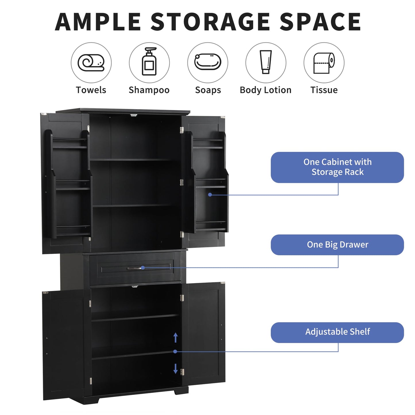 Storage Cabinet with 4 Doors and Drawers, 72.2" H Kitchen Cabinet with 6 Door Shelves, Kitchen Storage Cabinets with Adjustable Shelves for Living Room, Black