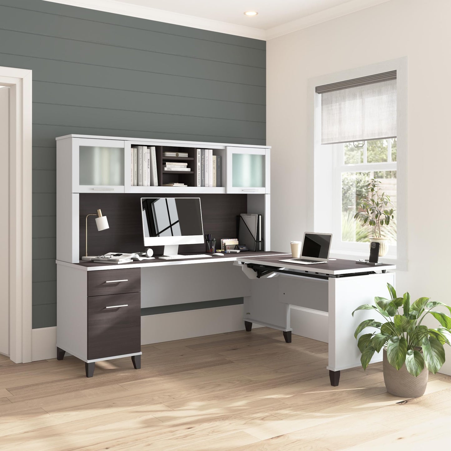 Bush Home 72-Inch L-Shaped Sit to Stand Desk with Hutch, Adjustable Height Standing Corner Computer Desk with Drawers, Shelves, Storage Cabinet, Home Office, Somerset Collection, Storm Gray and White