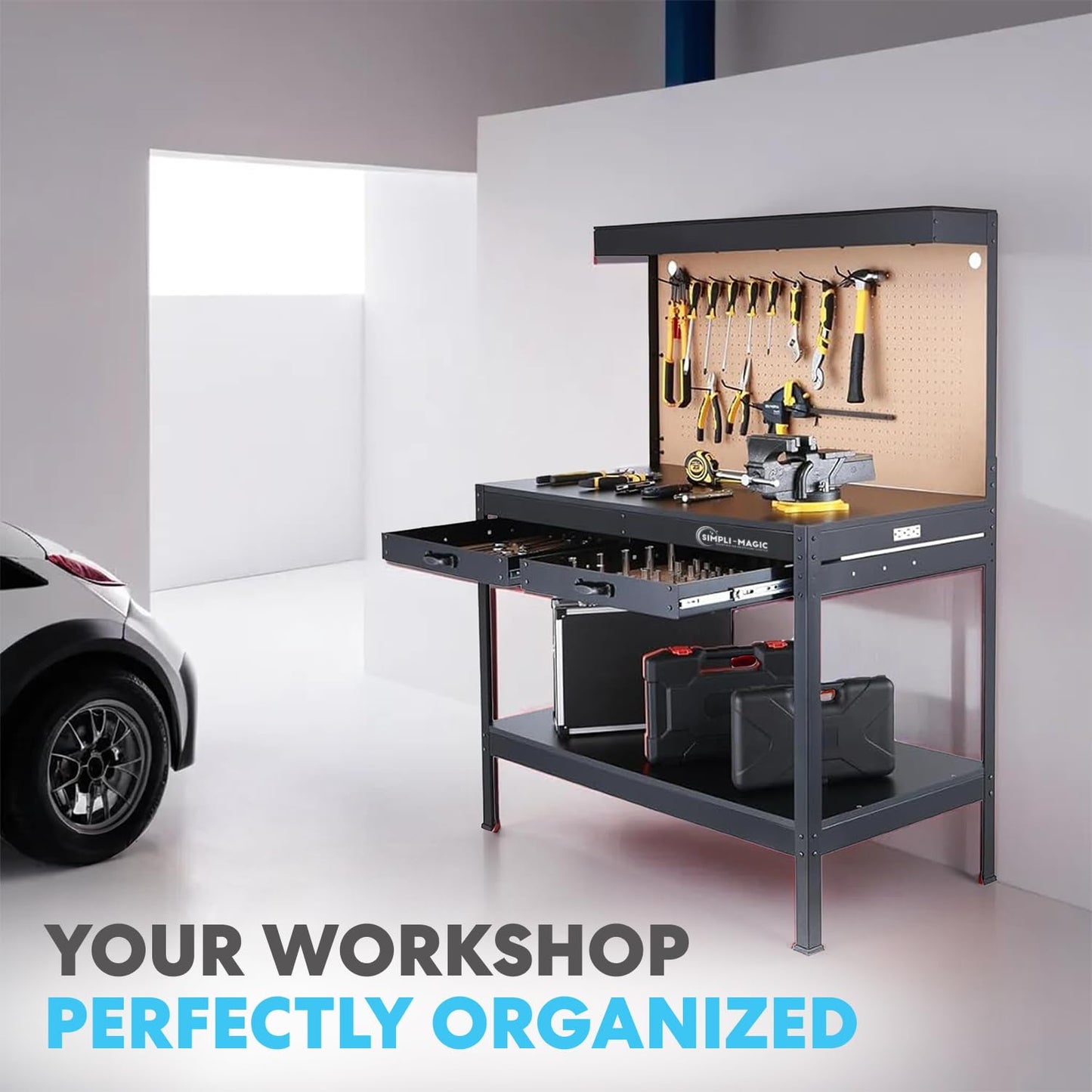Simpli-Magic 48-Inch Workbench with Power Outlets and Light, Large Capacity 500LBS Evenly Distributed