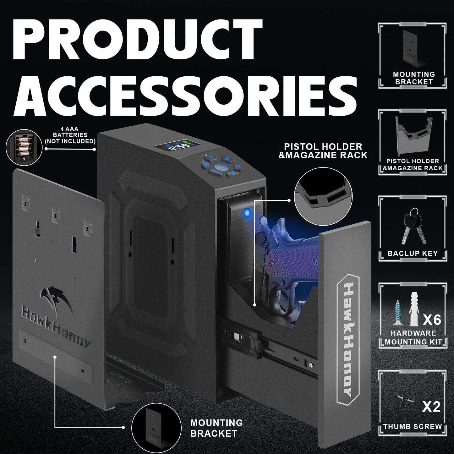 HAWKHONOR Smart Gun Safe for Handgun, Gun Case, Biometric Slider HandgunSafe for Nightstand, Bedside, Pistol Safe For Desk, Car, Truck - with Fingerprint, PIN Code, Key Access