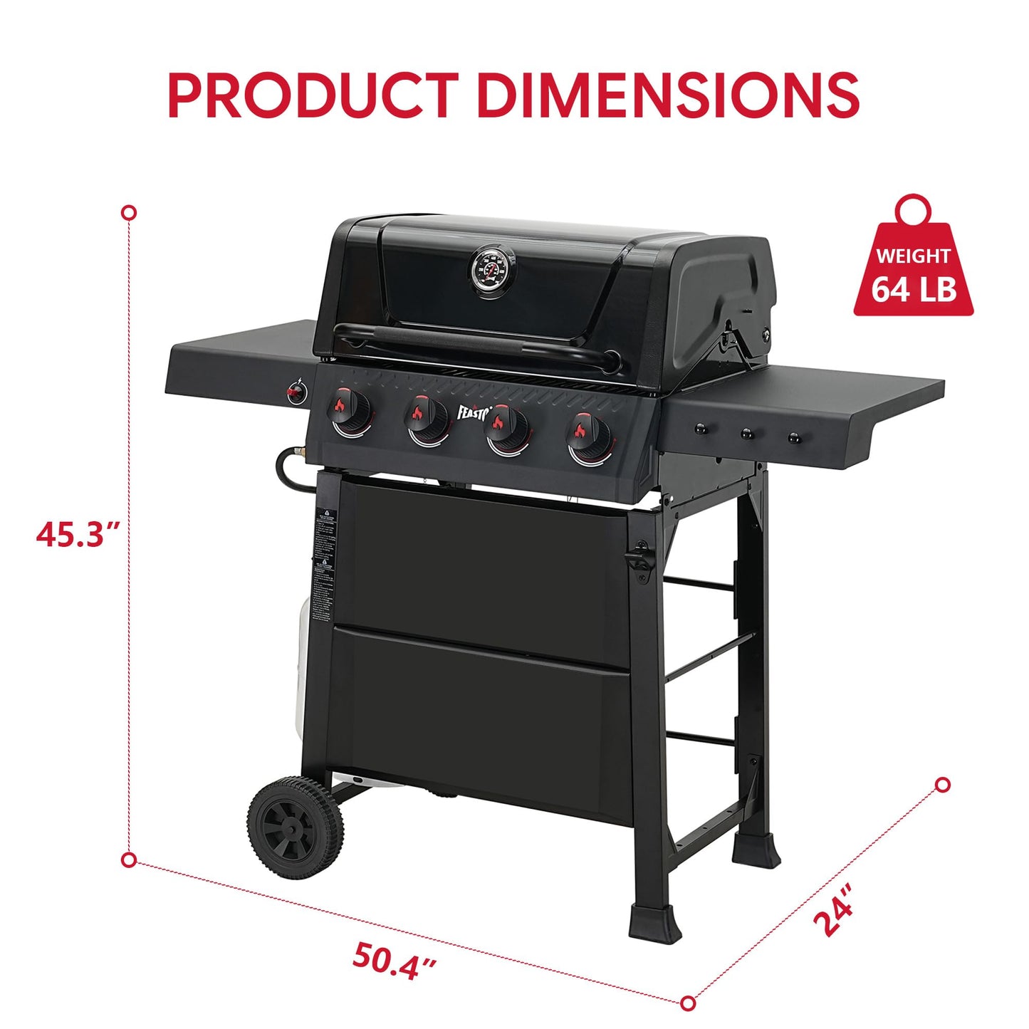 Feasto 4-Burner Gas BBQ Grill with Side Tables, 36,000 BTU Outdoor Propane Grill with Premium Enameled Coated Chamber Body & Porcelain-Enameled Grates for Deck Party & Patio BBQ, 559 Sq. In., Black