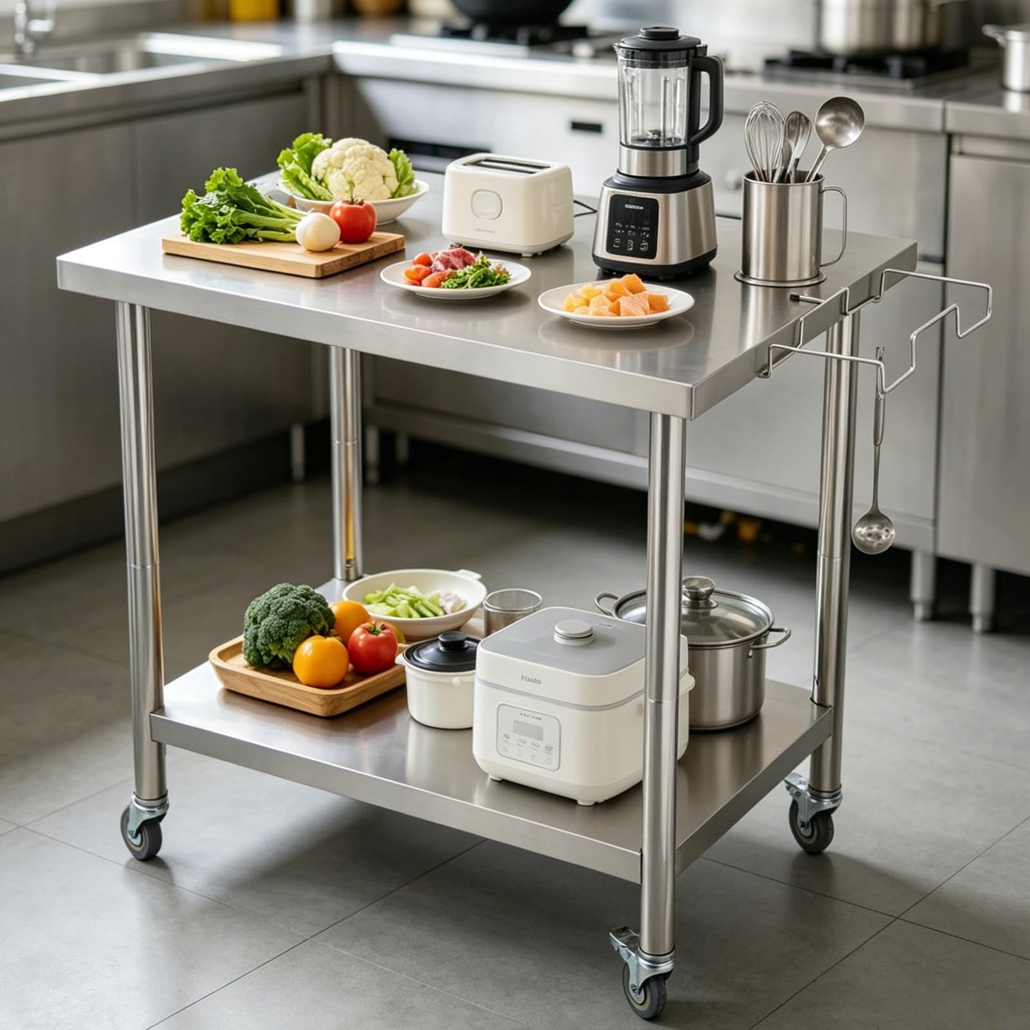 Garvee Stainless Steel Straight Edge Work Table 30 inch Double Layer with Casters & Garbage Shelf, Heavy Duty Commercial Prep Table, 0.7mm Thick