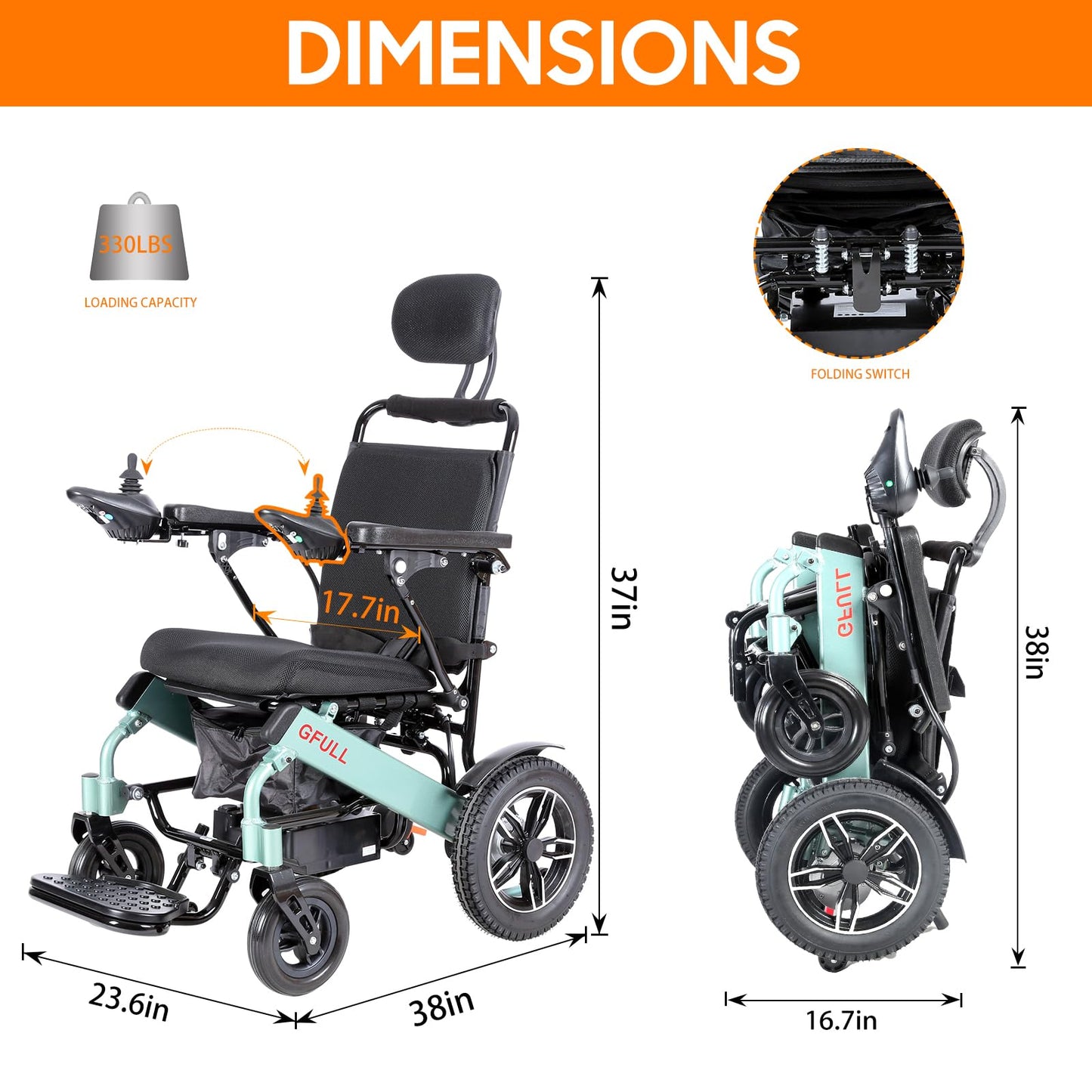Electric Wheelchairs for Adults, Heavy Duty 66lbs 18" Wider Seat Aluminum Foldable Motorized Wheelchair with 12Ah Batteries & Dual Motors, 20 Miles Long Range 330 lbs Large Tire for Home, Park