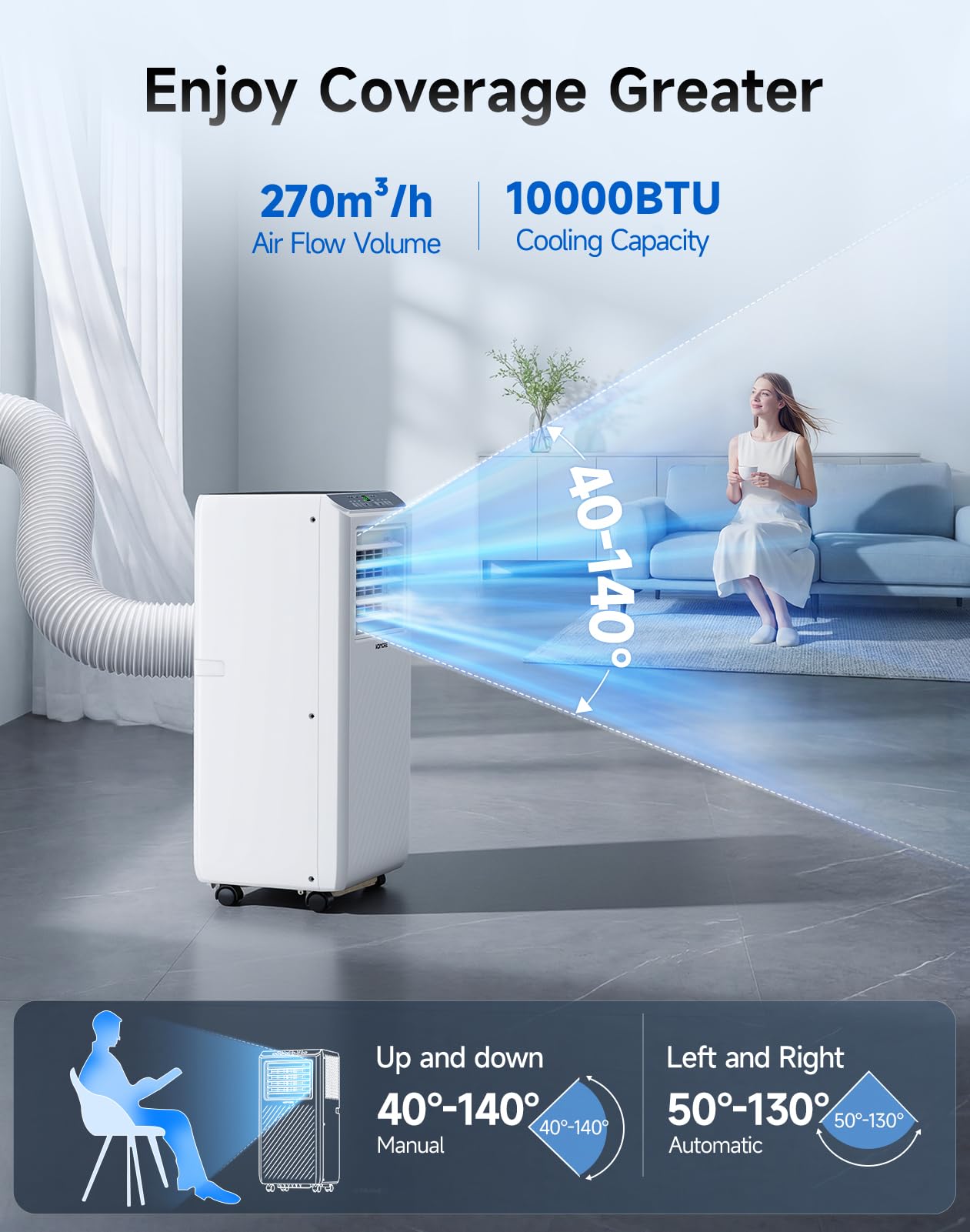 KOMORE Portable Air Conditioner,10000 BTU up to 450 Sq.Ft 4-in-1 Smart Quiet WiFi Floor Standing AC Unit for Bedroom Office room,Cooling,Dehumidifier,Fan,Sleep Mode,24H Timer,Remote Control (White)