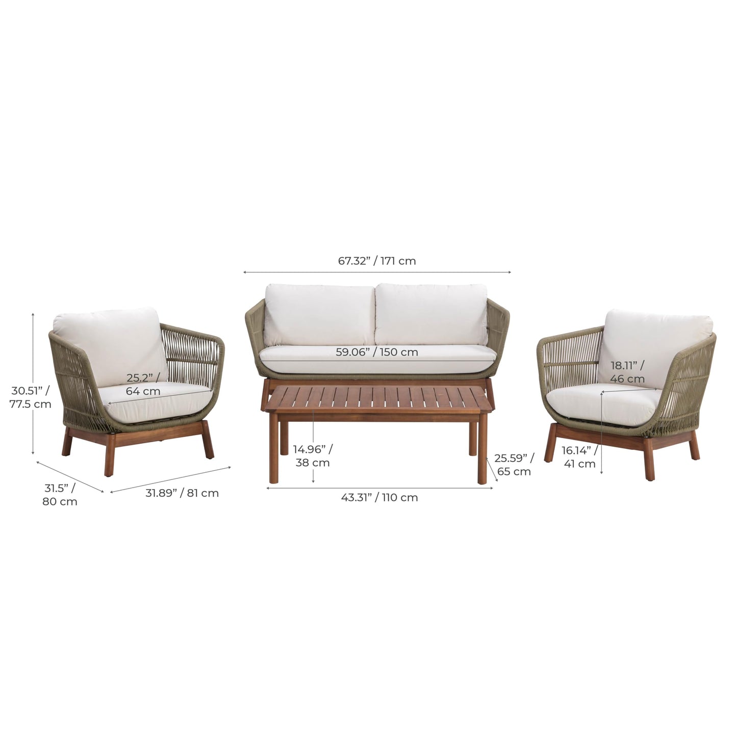 Teamson Home 4-Piece Outdoor Patio Furniture Set with Handwoven Rope, Acacia Wood Coffee Table, Weather-Resistant Cushions, and Aluminum Frame – Natural Brown & Sage Green