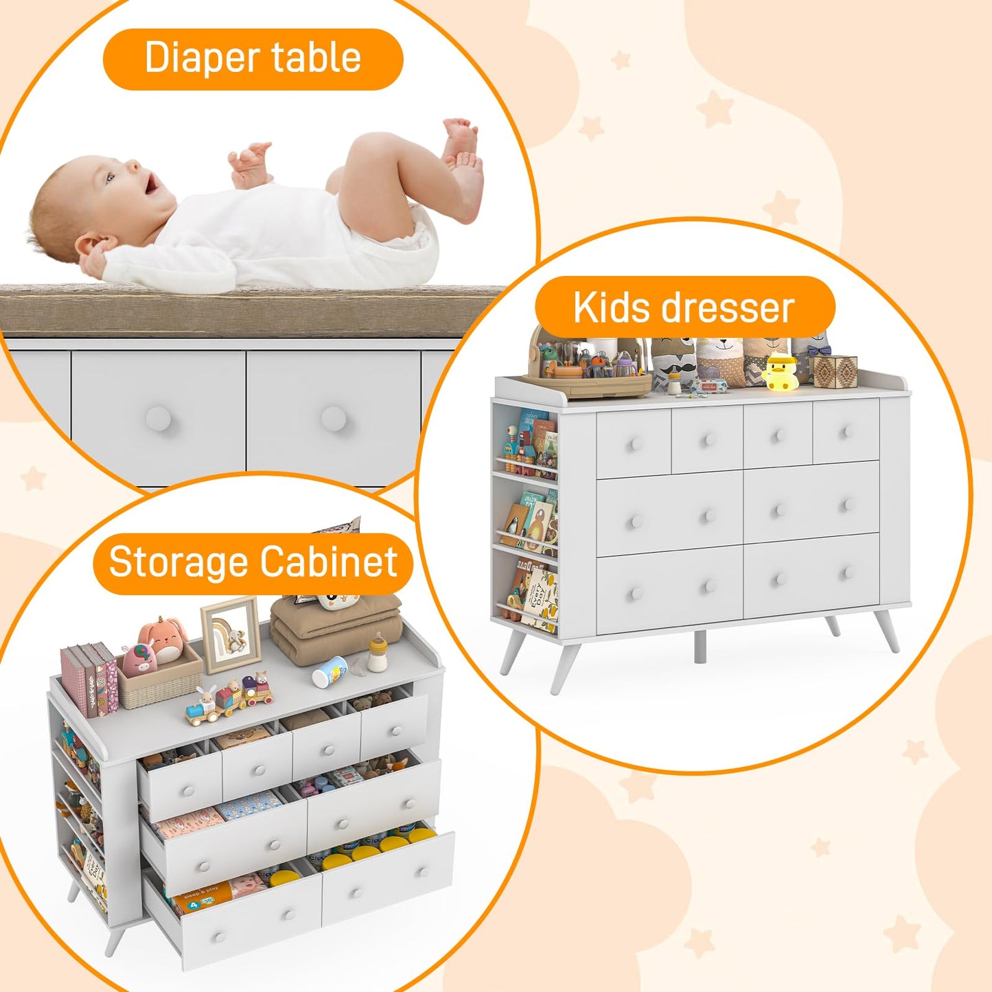 Vabches Kids Dresser Cabinet with 8 Drawers, Changing Table for Nursery, White Chest of Drawers with Open Shelving, Baby Dresser, Kids Bedroom Furniture, Nightstand for Child' s Room, White
