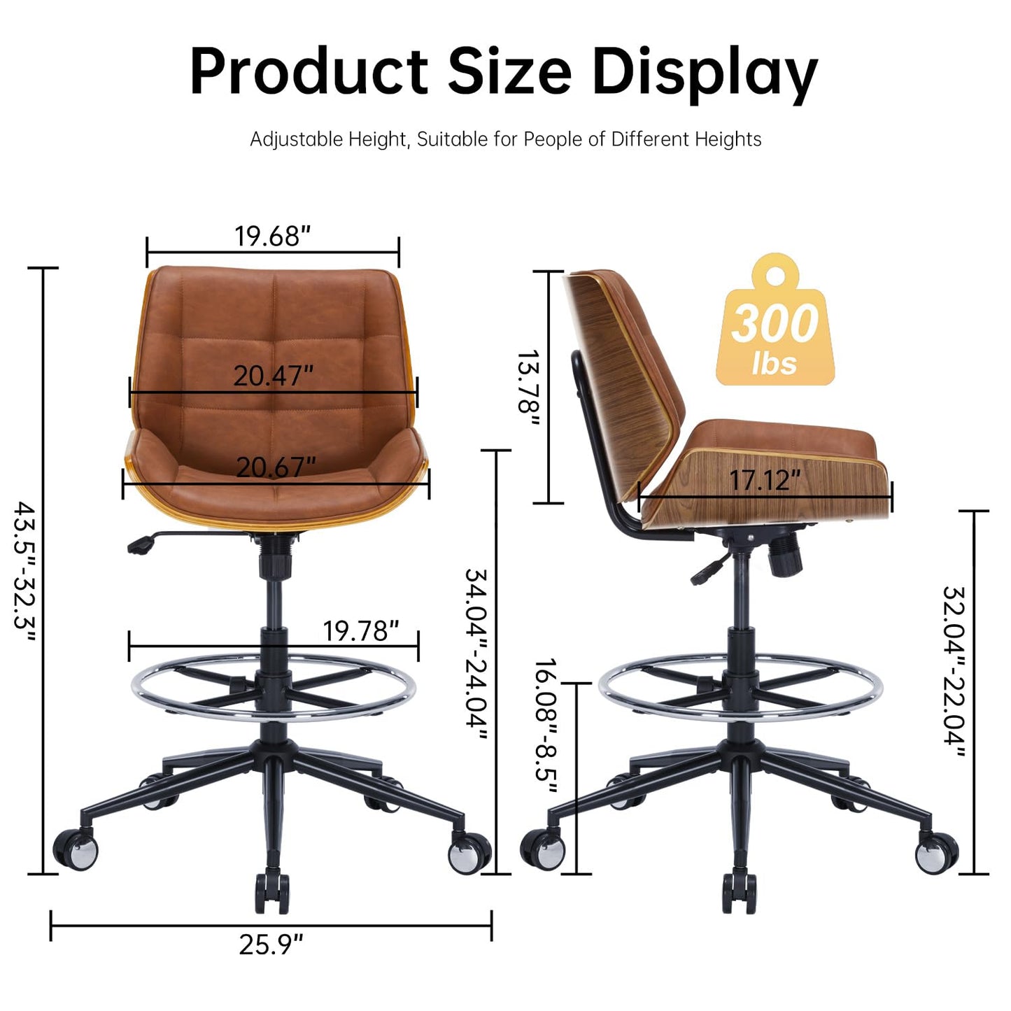 Drafting Office Chair Ergonomic Executive Computer Standing Desk Chair with Adjustable Height and Footrest Ring, Drafting Chair for Counter Height Desk and Drawing (Brown)