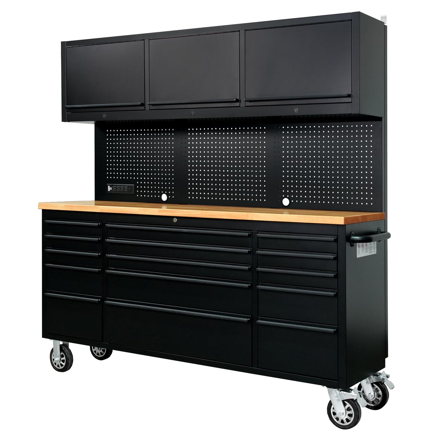 CHETTO C 72-inch Rolling Tool Chest Cabinet Mobile Workbench with 15 Storage Drawers and Wheels 3 Uper Cabinet Outlet SS Pegboard Black Tool Box for Garage