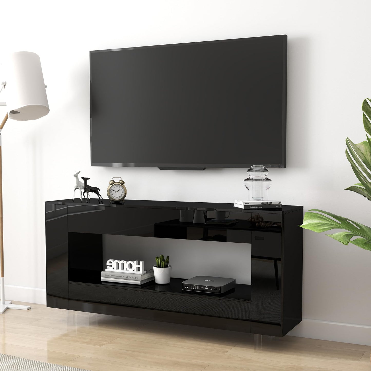 65" TV Stand with 2 Drawers & Hidden Storage Cabinets, High Gloss Black