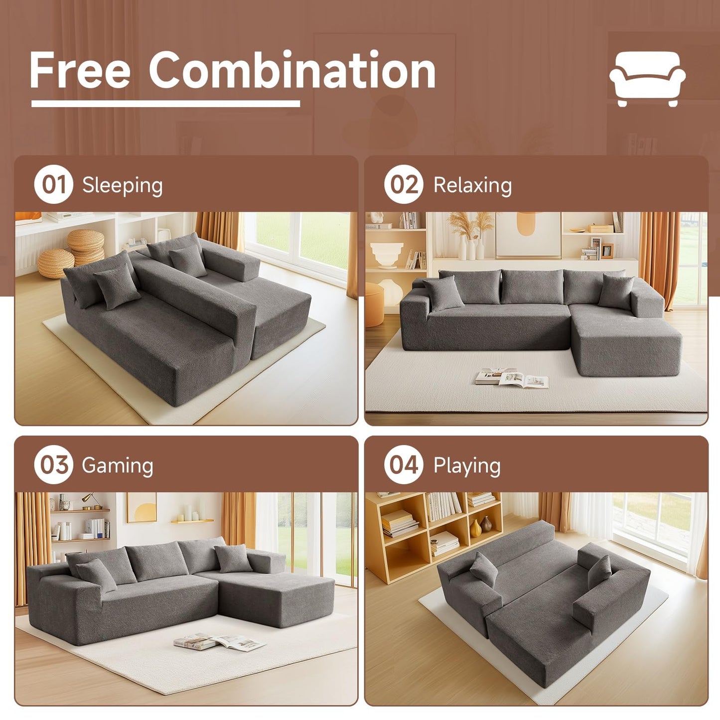 Trygoal 103” L Shaped Cloud Sectional Boneless Couches for Living Room, Modern Modular Sofa Couch with Chaise, Comfy Deep Seat Living Room Furniture Set, No Assembly, Grey