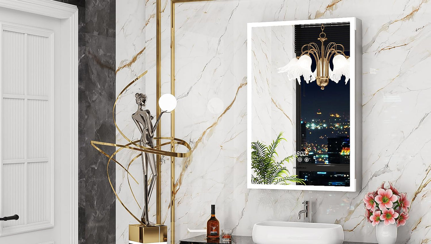 ACEMIRO 20"×30" Bathroom Mirror Cabinet, Recessed Lighted Medicine Cabinet with Mirror, Dimmable 3 Color Lights, Clock & Room Temp Display, Defogger, LED Bathroom Cabinet with Storage, Left Hinge