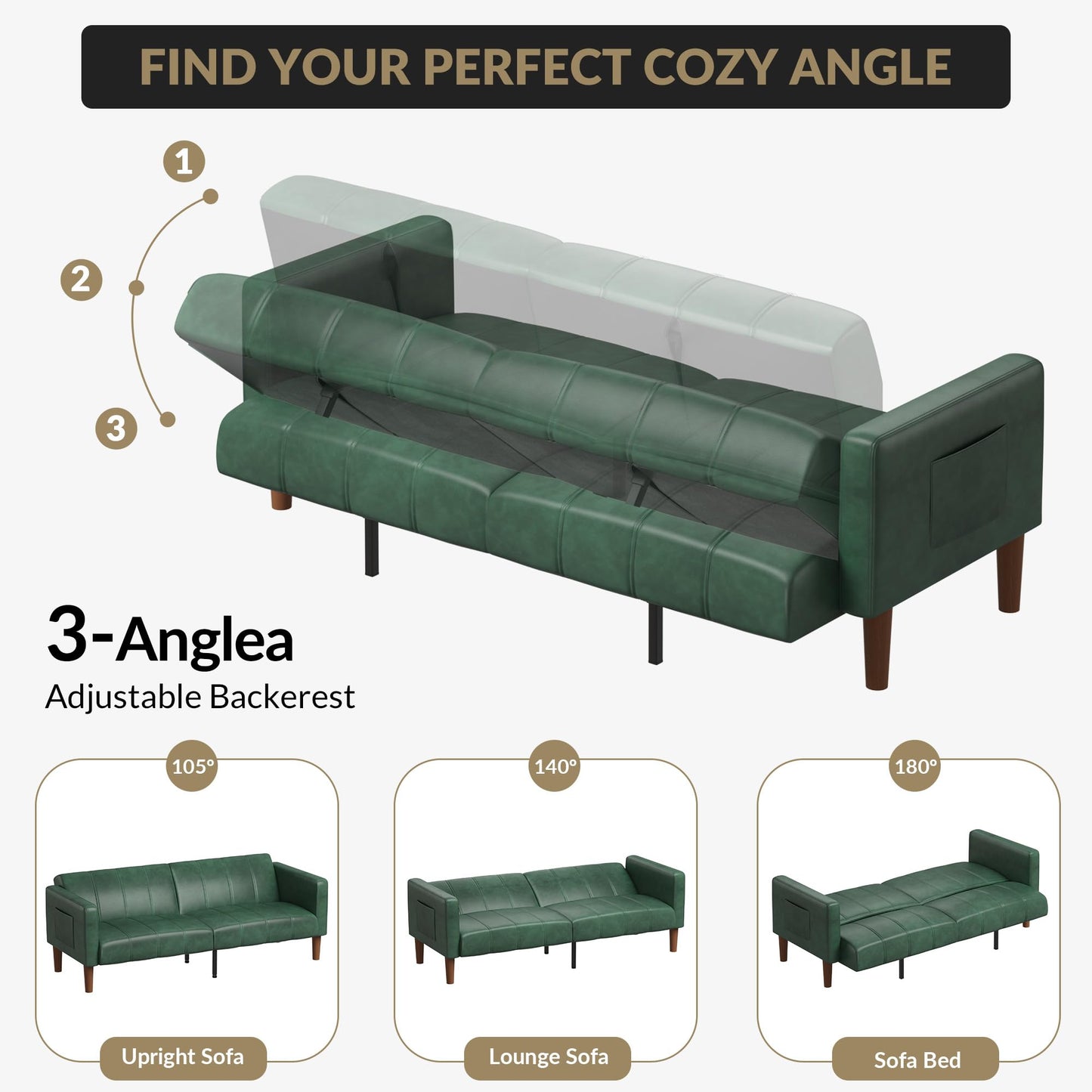 75 in Futon Sofa Bed, Faux Leather Convertible Couch with Adjustable Backrest, Side Pocket, Mid Century Modern Loveseat Sleeper Sofa for Living Room, Bedroom, Apartment, Small Spaces, Green