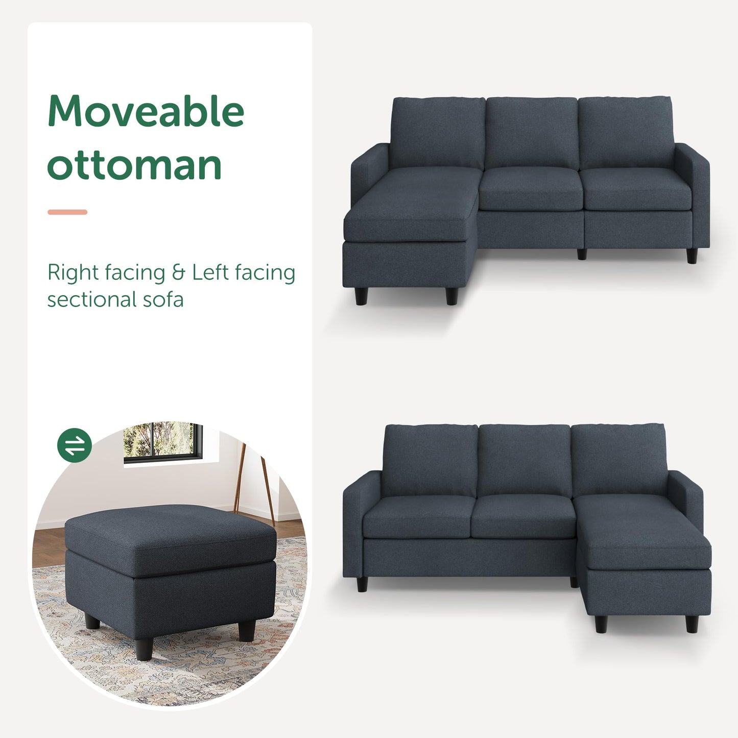 HONBAY Convertible Sectional Sofa Couch, L Shaped Couch with Reversible Chaise, Mid Dark Grey