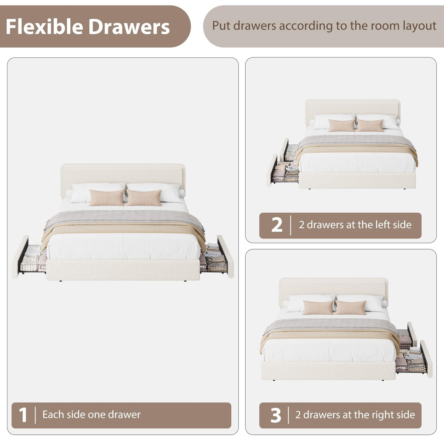 Garvee King Size Teddy Fleece Bed Frame, Upholstered Platform Bed with 2 Storage Drawers, Height Adjustable Cloud Headboard, Thick Soft Teddy Fabric Bed, Modern Style, No Box Spring Required, Cream