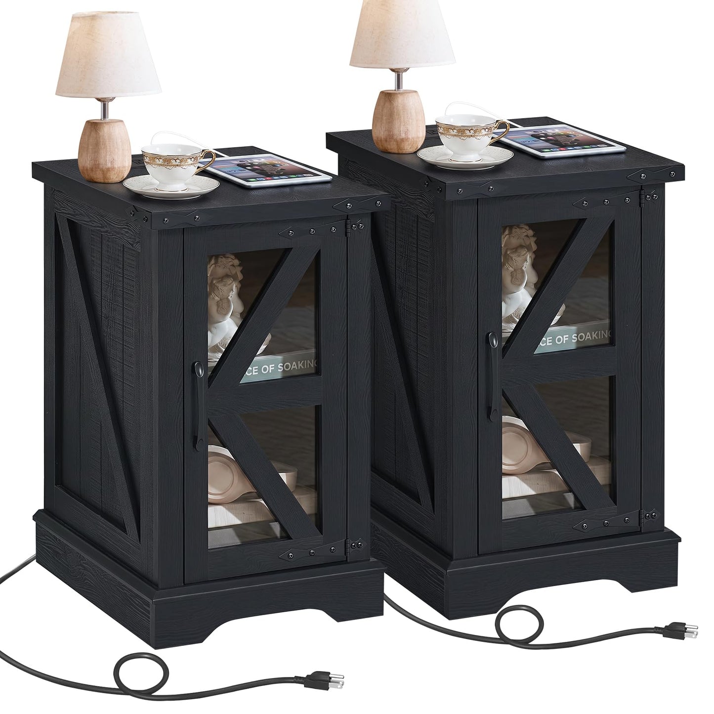 Joaxswe Narrow Night Stand Set 2 with Charger Station, Farmhouse Side End Table with Glass Barn Door Storage, Bedside Tables, Black Nightstand Cabinet Organizer for Small Spaces Living Room Bedroom
