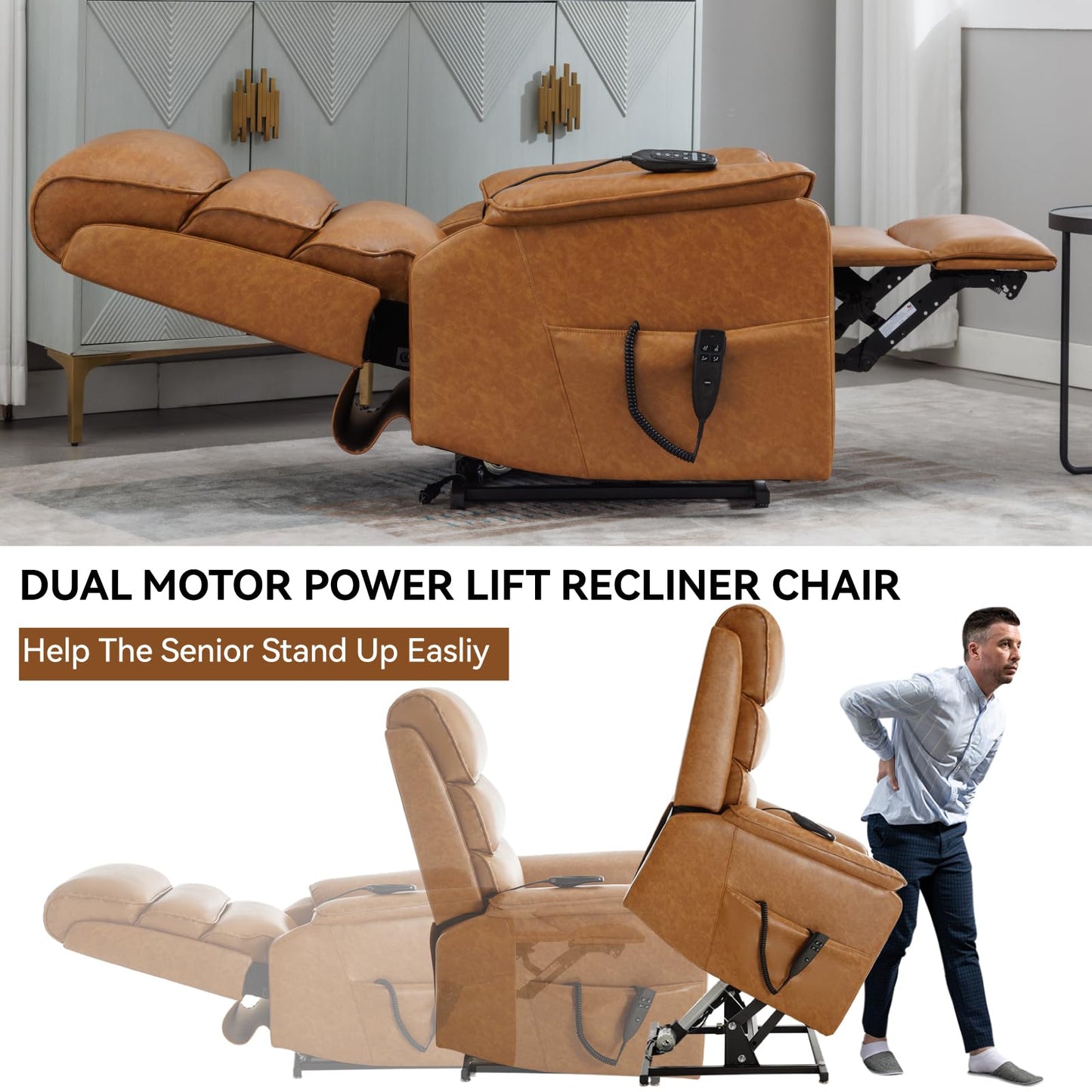 KEIKI Oversized Recliner Chair Dual Motor Power Lift Leather Recliner Chair with Heat and Massage, Infinite Position Power Reclining Simple Modern Chaise Lounge Chair Indoor, Yellow Brown