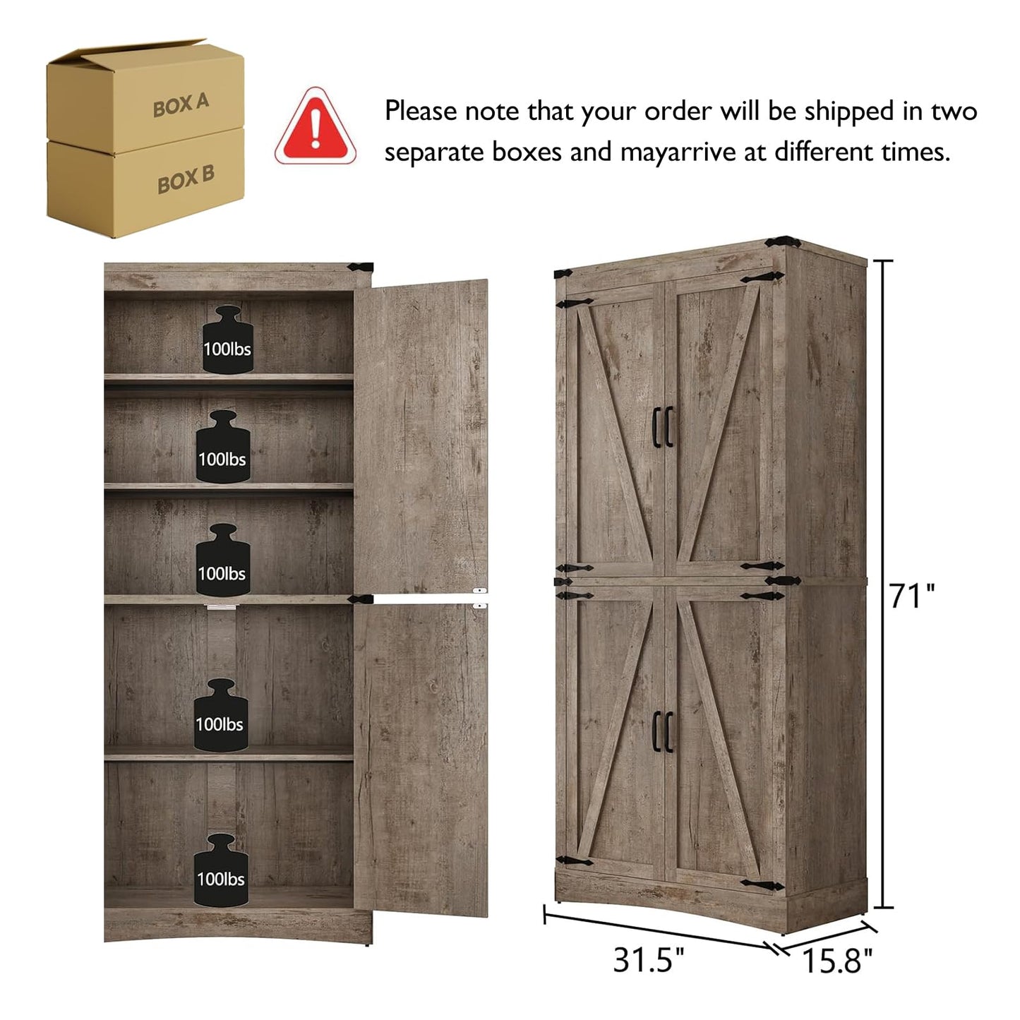 71in Farmhouse Kitchen Pantry Cabinet,Tall Storage Cabinet with 4 Doors and Adjustable shelves,with Load-Bearing Steel Pipe,Wood Storage Cabinets for Kitchen,Dining Room,Bathroom(Light Rustic Oak)
